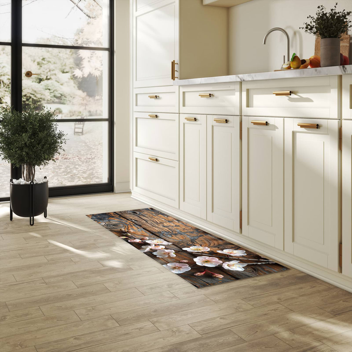 Wasserabweisender Küchenläufer mit Motiv Kirschblüten Holz in heller Küche