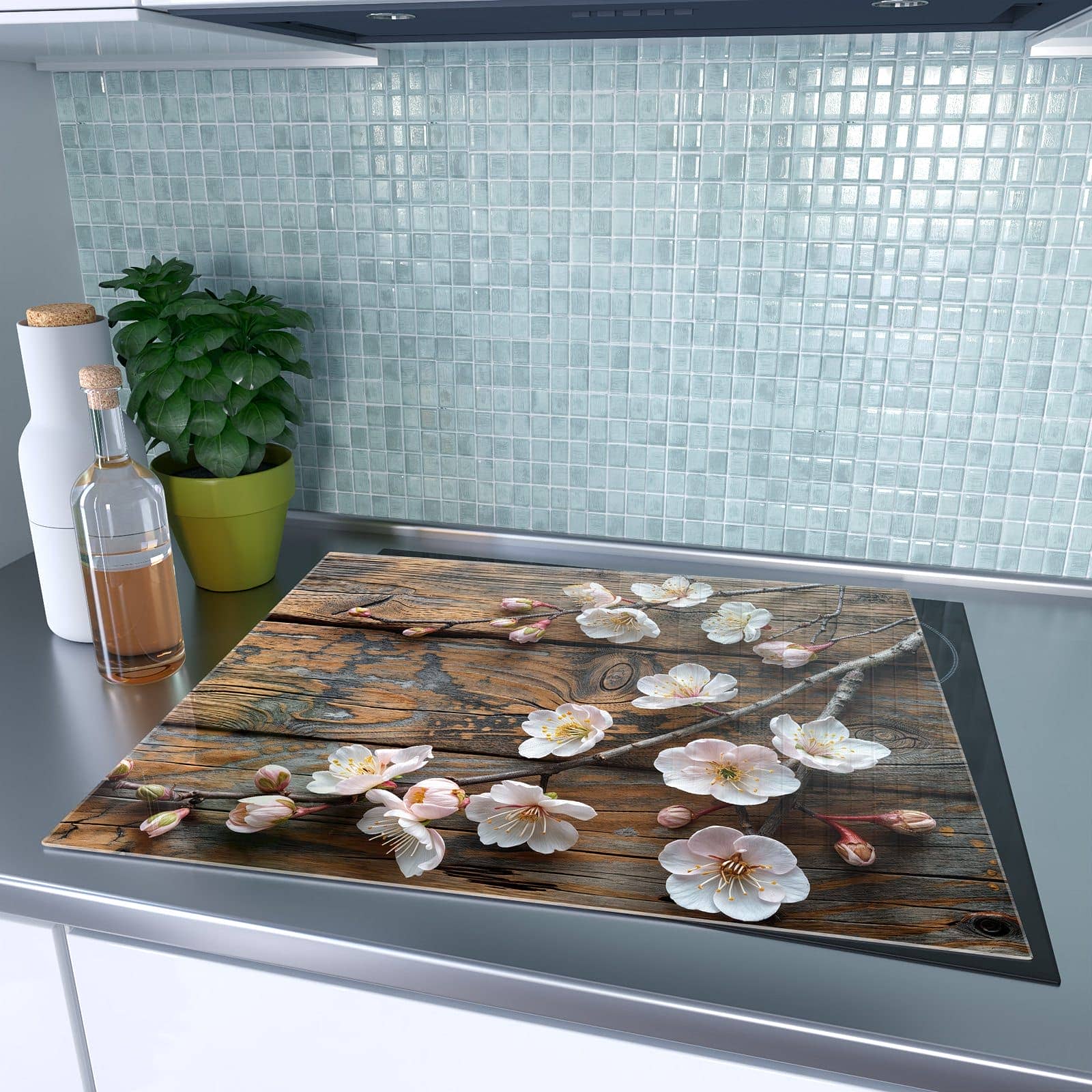1-teilige Herdabdeckplatte Induktion mit Kirschblüten Holz-Motiv auf dem Ceranfeld