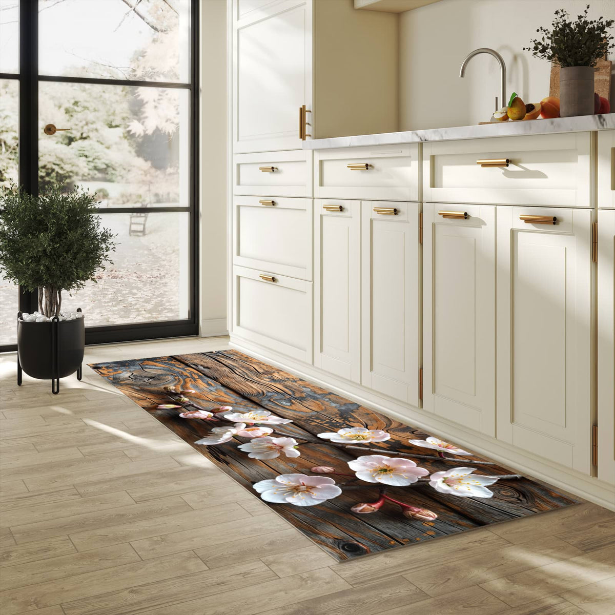 Pflegeleichter moderner Küchenläufer mit Motiv Kirschblüten Holz in heller Küche