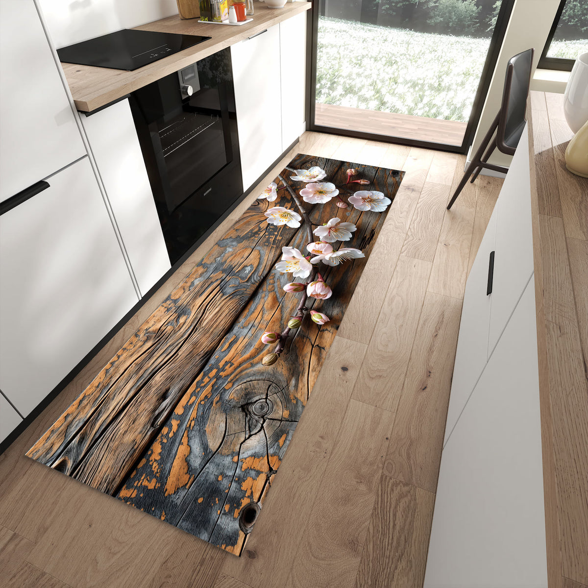 Flacher Bodenläufer mit Motiv Kirschblüten Holz in moderner Küche