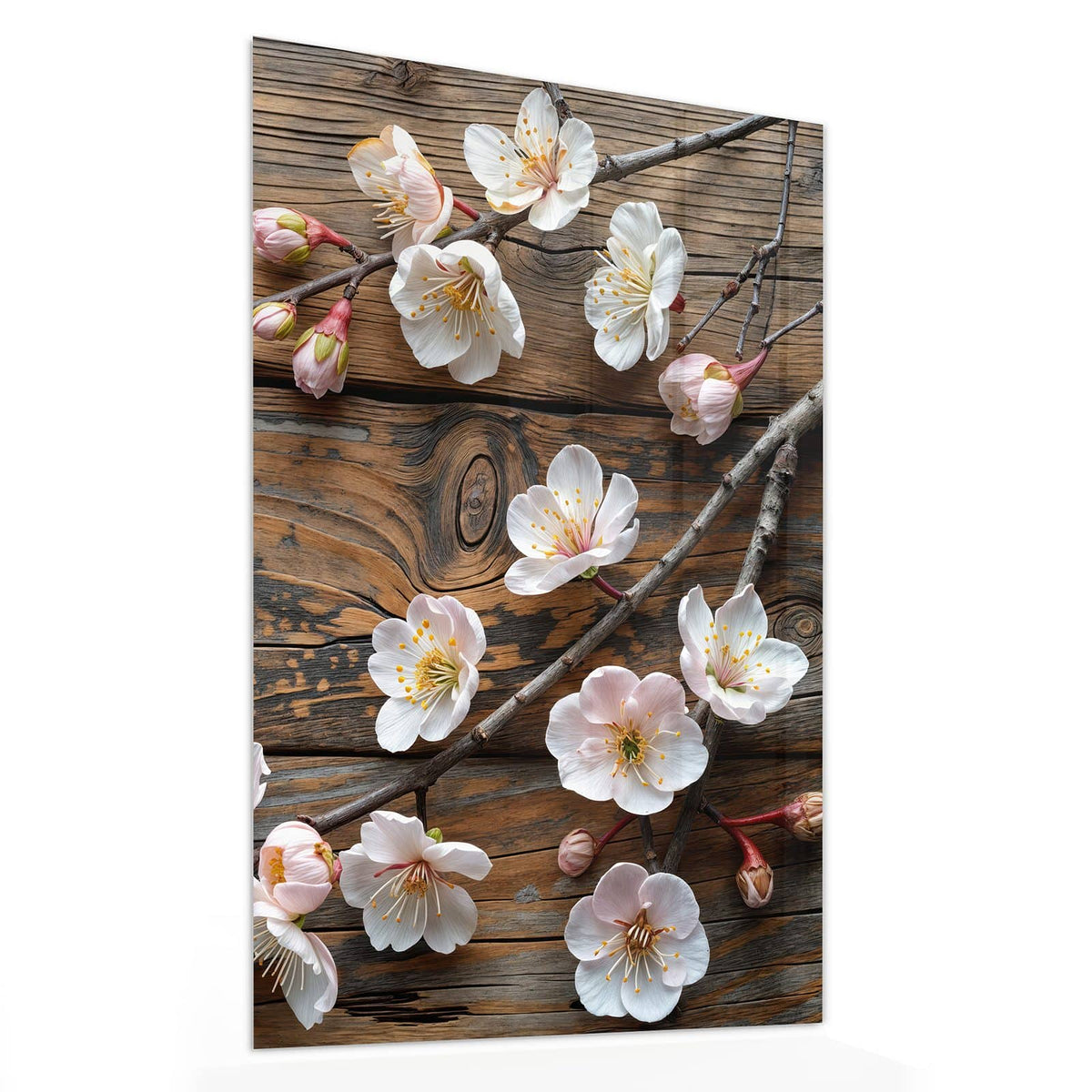 Glasbild Kirschblüten auf Altholz von der Seite, 4 mm Echtglas
