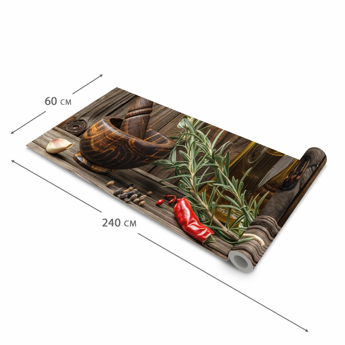 Langlebiger moderner Küchenläufer mit Motiv Küchendekoration in der Grösse 60x180 cm