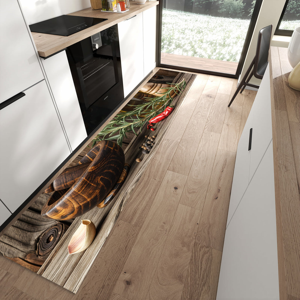 Bodenschonender Küchenteppich mit Motiv Küchendekoration in moderner Küche