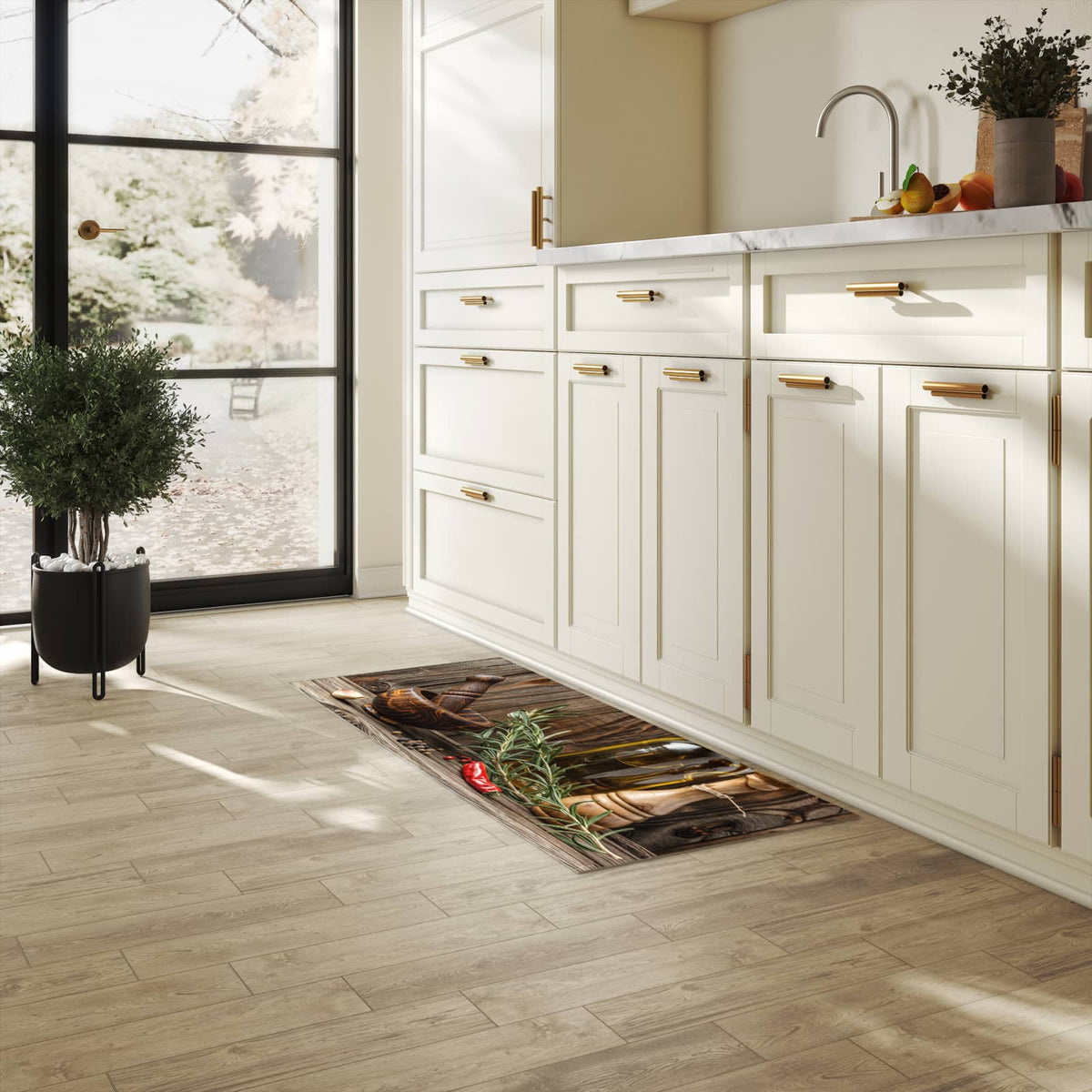 Langlebiger Bodenläufer mit Motiv Küchendekoration in heller Küche