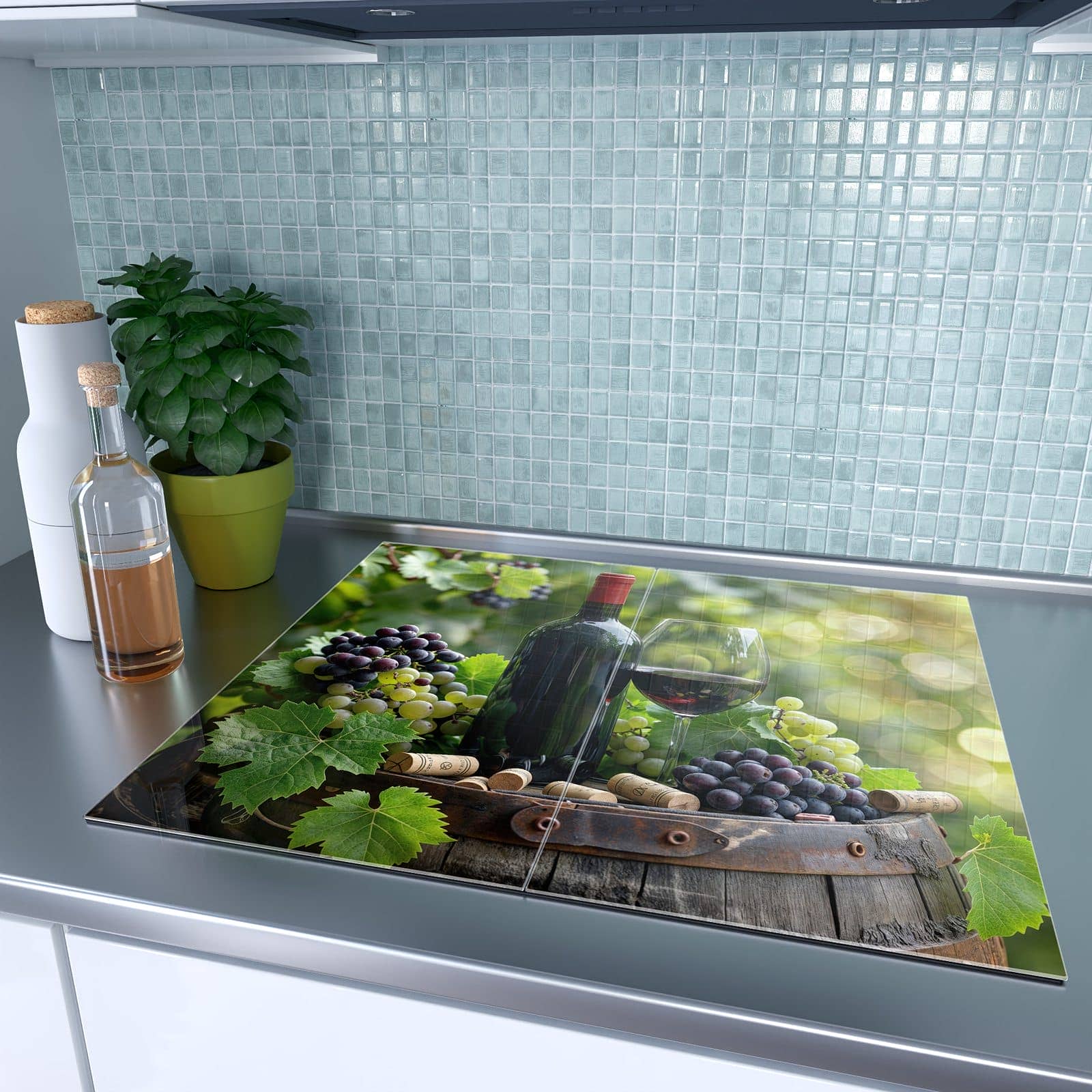 2-teilige Abdeckplatten für Ceranfeld mit Wein Und Trauben-Motiv auf dem Ceranfeld