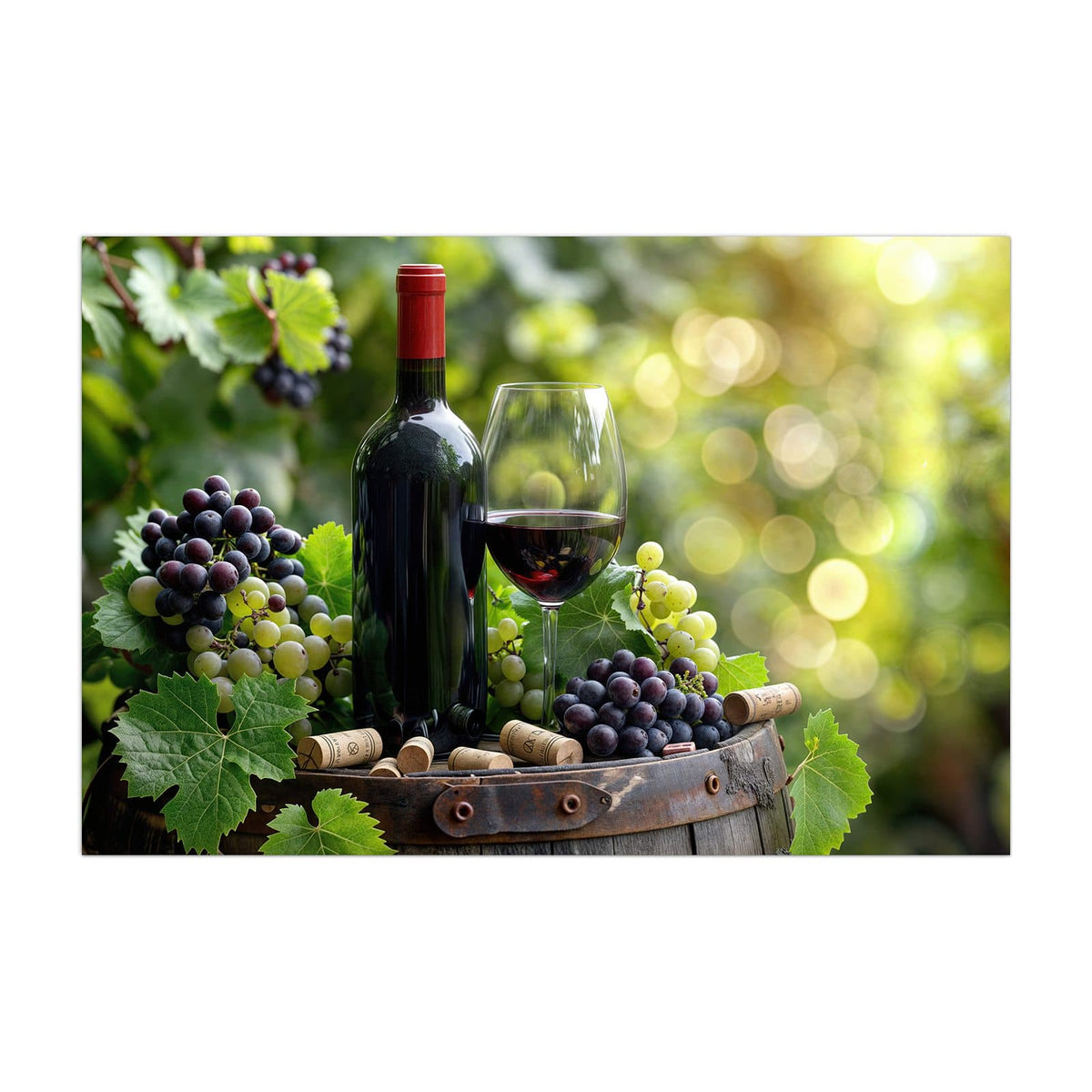 Küchenrückwand aus Glas Rotwein auf Holzfass im Hochformat, Motiv bildfüllend von vorn