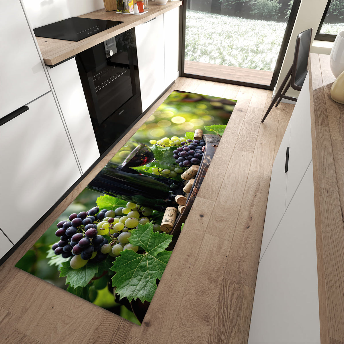 Komfortabler Küchenteppich mit Motiv Wein Und Trauben in moderner Küche