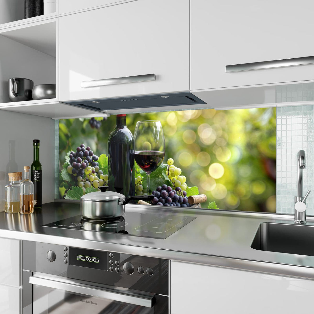 Küchenrückwand aus Glas Rotwein auf Holzfass im Hochformat als Spritzschutz hinter dem Kochfeld, über dem Fliesenspiegel montiert