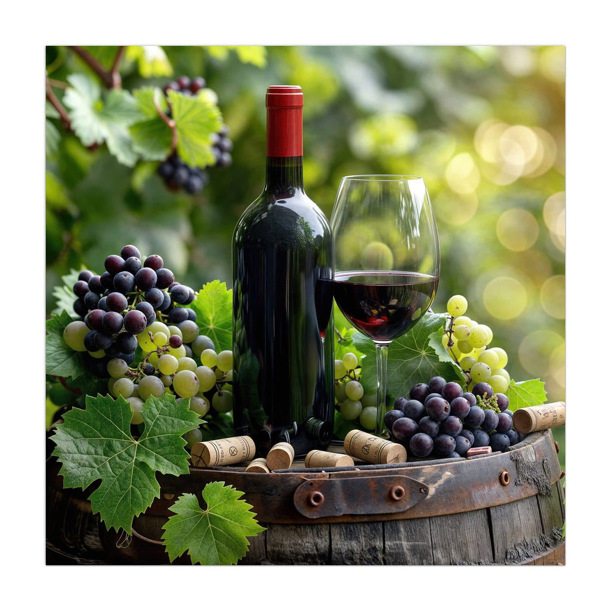 Küchenrückwand aus Glas Rotwein auf Holzfass im quadratischen Format, Motiv bildfüllend von vorn