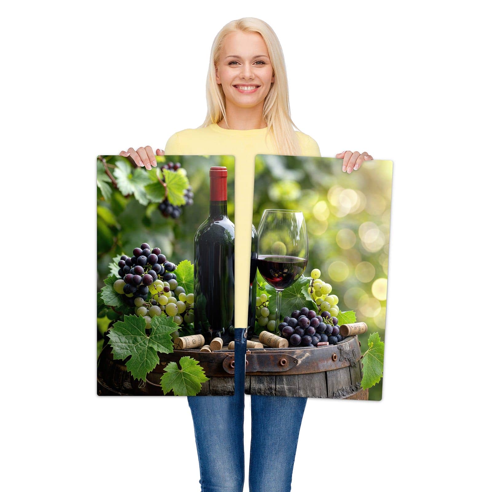 2-teilige Ceranfeld Abdeckplatten mit Wein Und Trauben-Motiv wird zur Größendarstellung gehalten