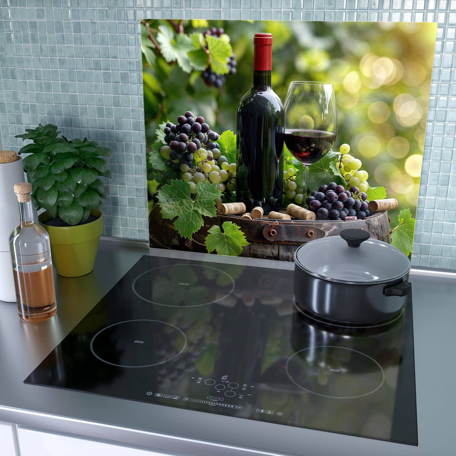 1-teilige Herdabdeckplatte mit Wein Und Trauben-Motiv als Spritzschutz hinter dem Kochfeld