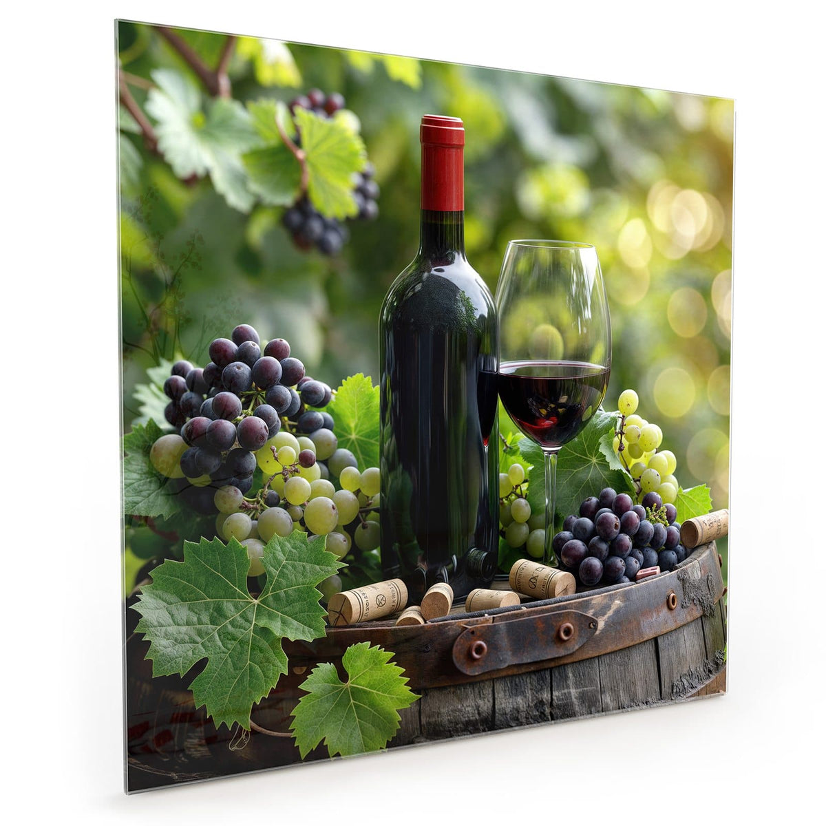 Küchenrückwand aus Glas im quadratischen Format: Rotweinflasche und gefülltes Glas auf einem Holzfass, umgeben von blauen und grünen Trauben #grösse_40 x 40 cm #grösse_50 x 50 cm #grösse_60 x 60 cm