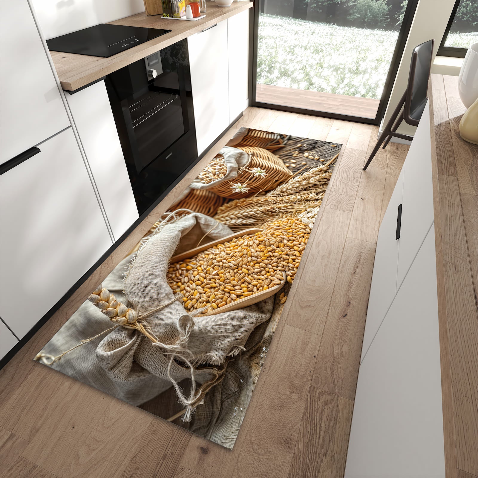 Langlebiger Küchenläufer mit Getreideernte-Motiv in moderner Küche, küchenteppich groß