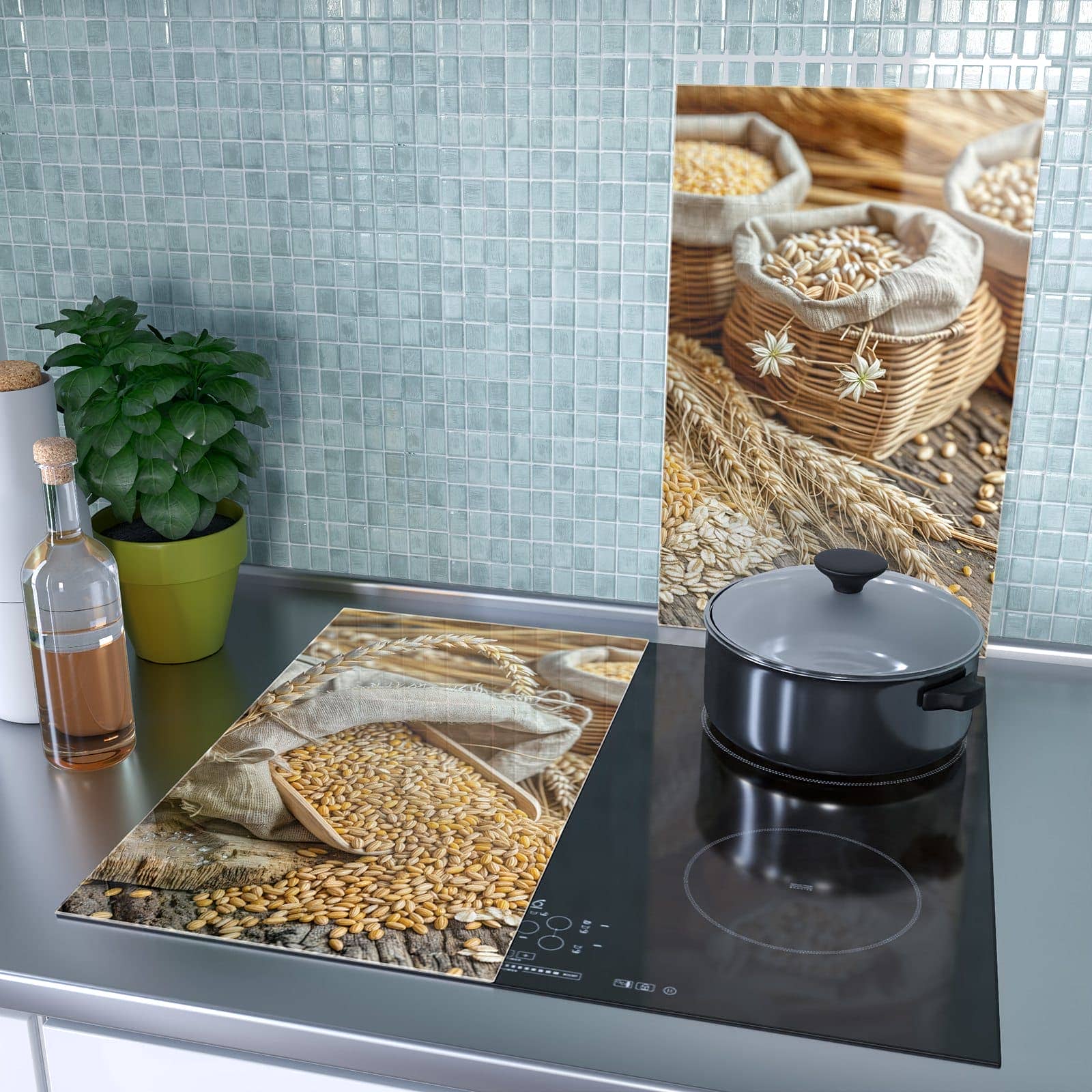 2-teilige Herdabdeckplatte für Ceranfeld mit Getreideernte-Motiv als Spritzschutz hinter dem Kochfeld