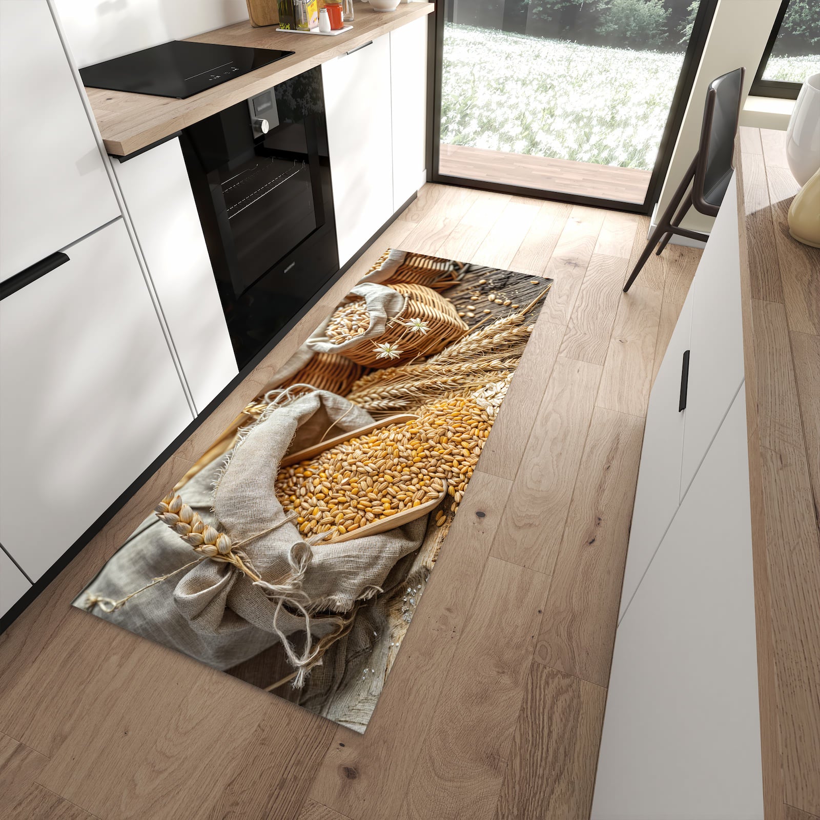 Küchenteppich mit Getreideernte-Motiv in moderner Küche, zeitsparend pflegeleicht