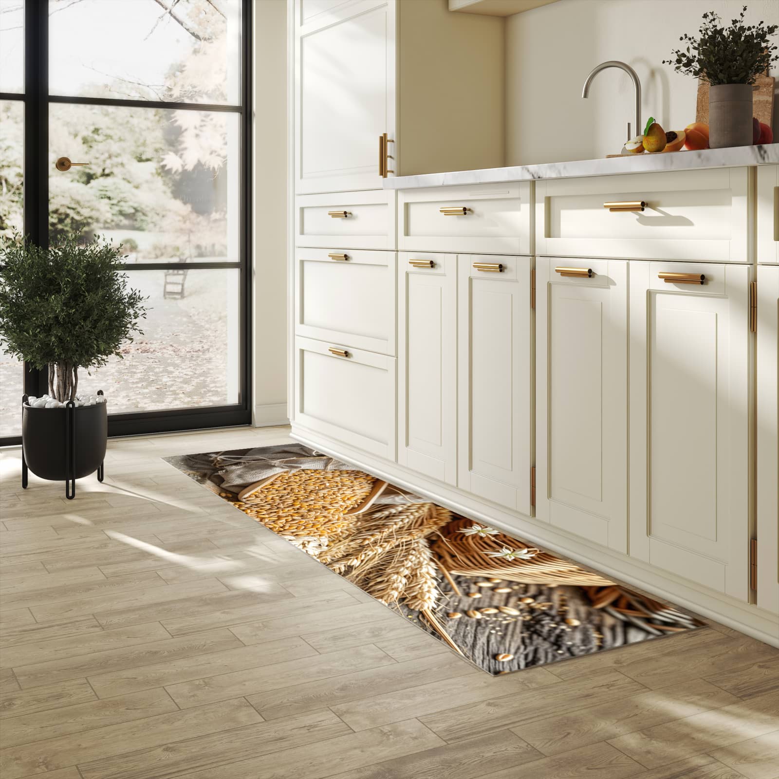 Moderner Küchenläufer mit Getreideernte-Motiv in der Küche, schmutzabweisend