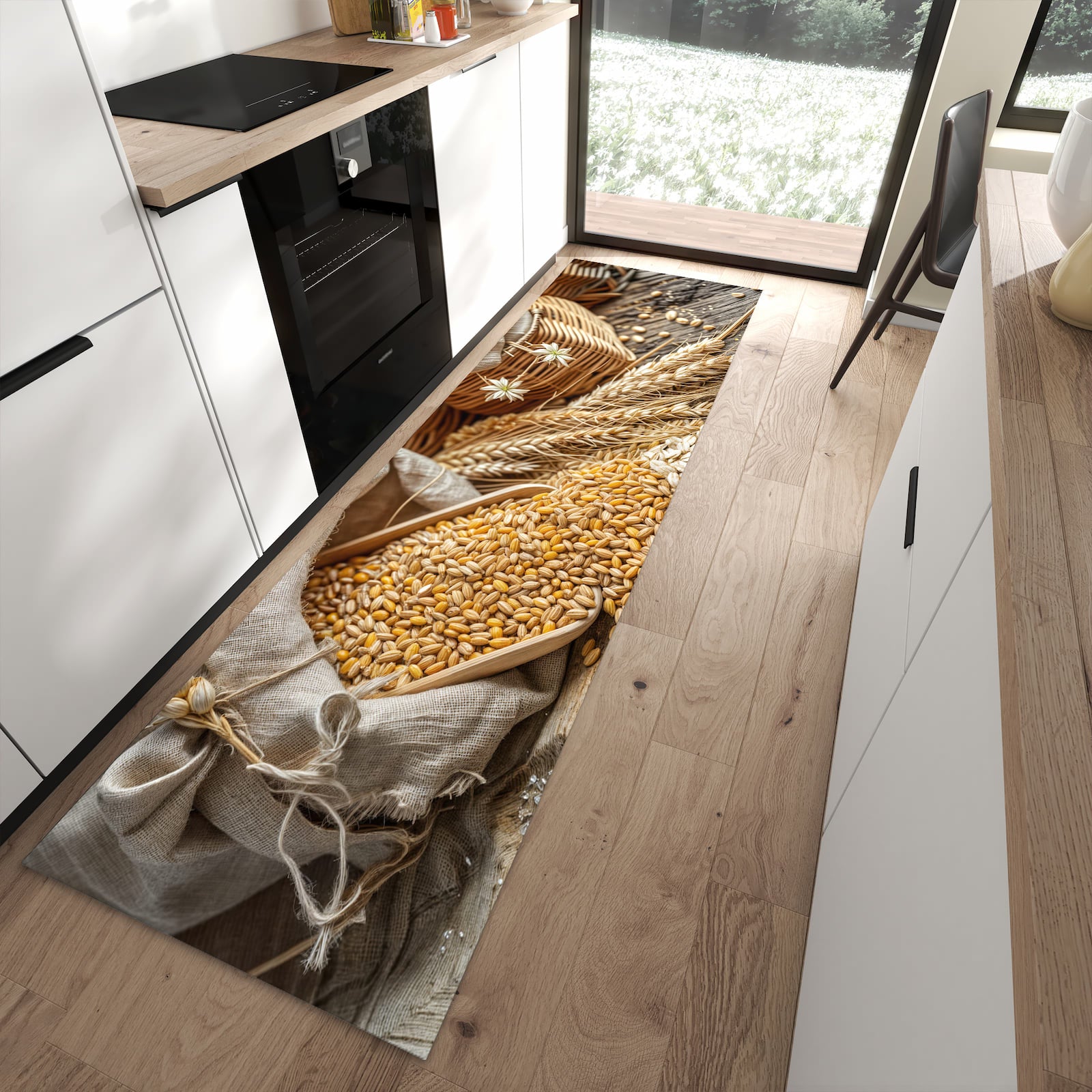 Küchenteppich mit Getreideernte-Motiv in moderner Küche für mehr Komfort beim Stehen