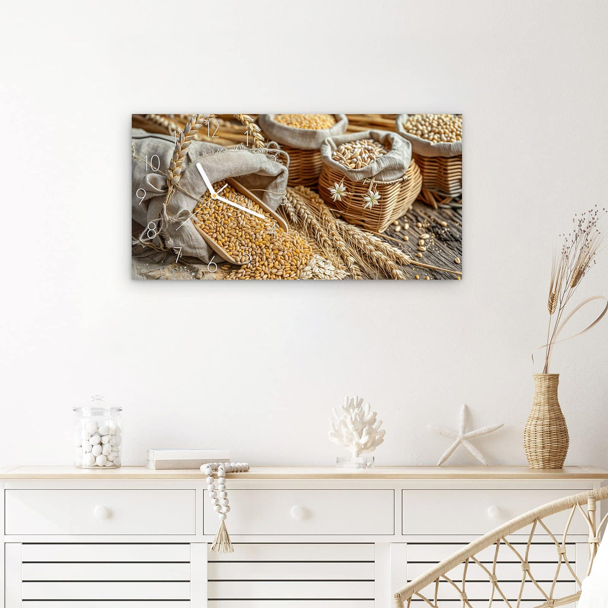 Wanduhr Getreideernte aus Glas – Querformat 60 × 30 cm – Goldene Körner rieseln aus Leinenbeutel