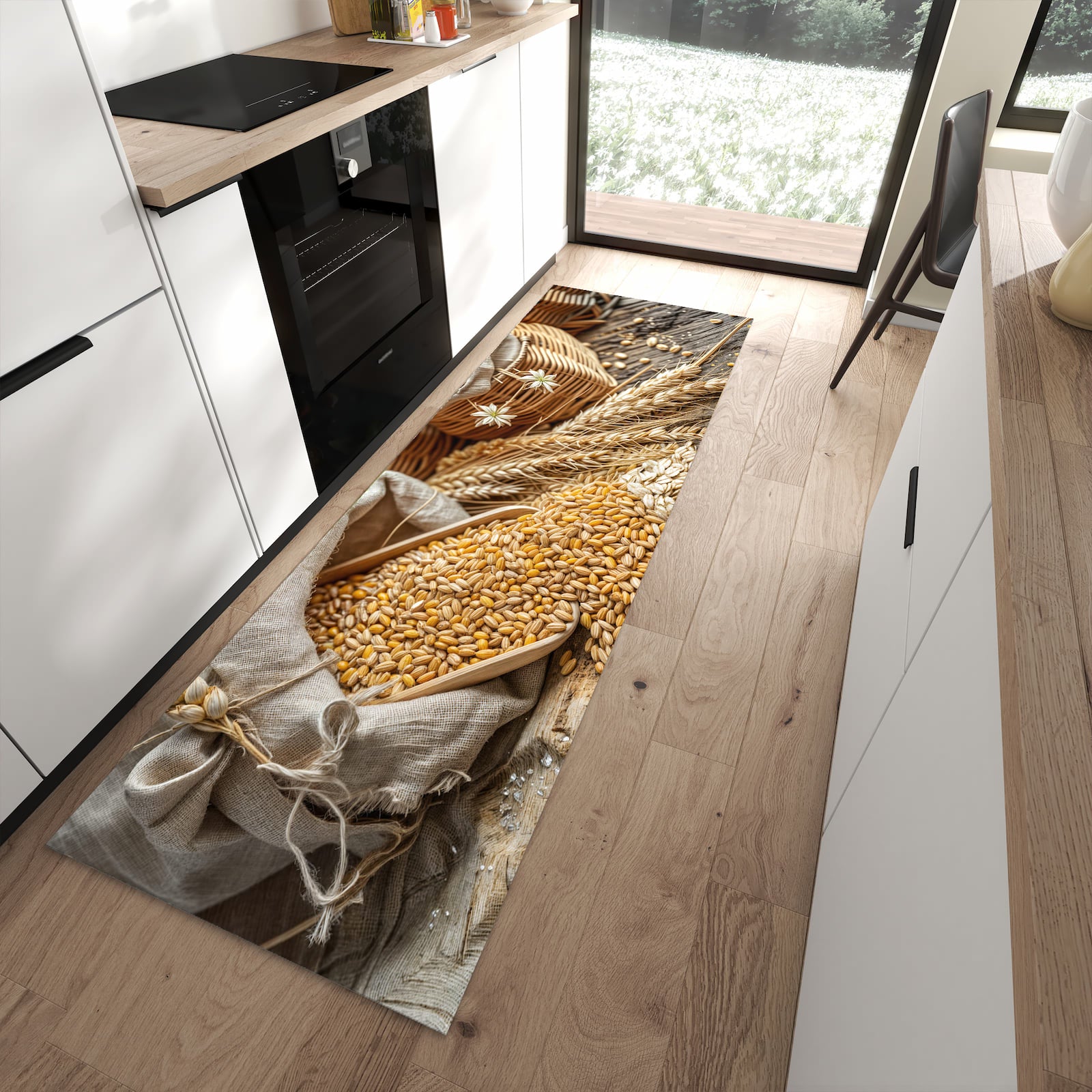 Rutschfester Küchenläufer mit Getreideernte-Motiv in moderner Küche, langlebig