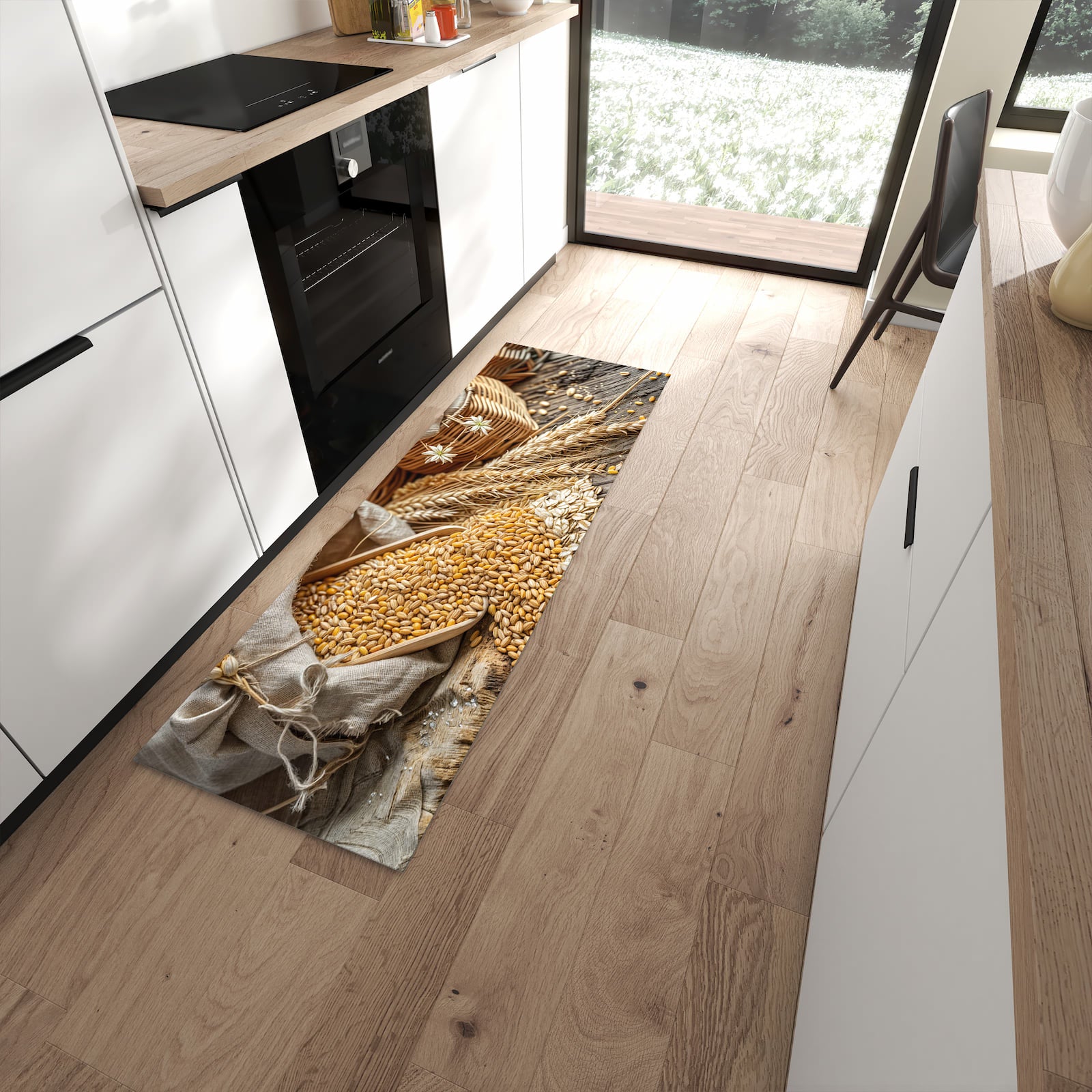 Grüner Küchenläufer mit Getreideernte-Motiv in moderner Küche für Ordnung & Übersicht