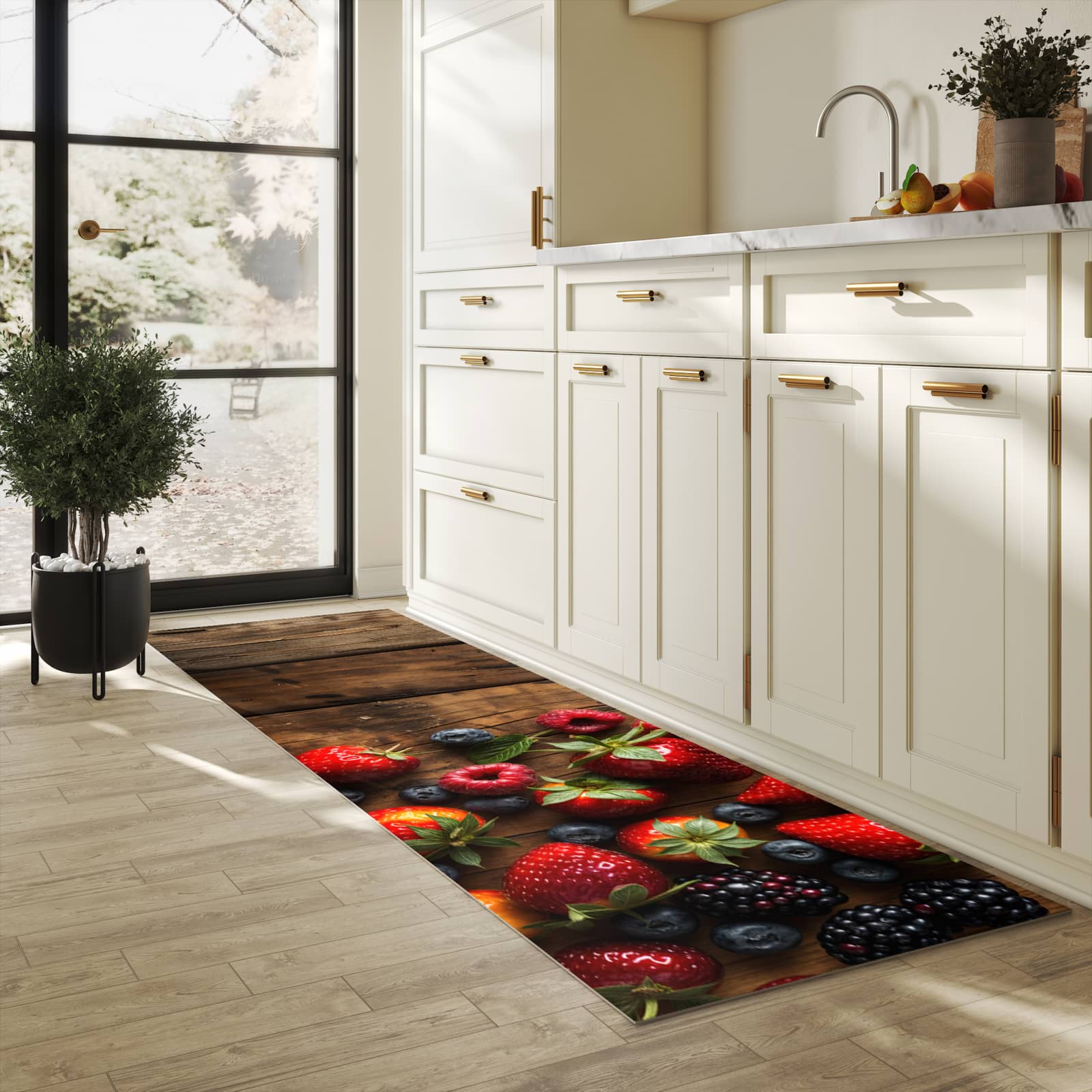 Geräuschdämpfender Küchenläufer mit Motiv Frische Beeren Exquisit in heller Küche