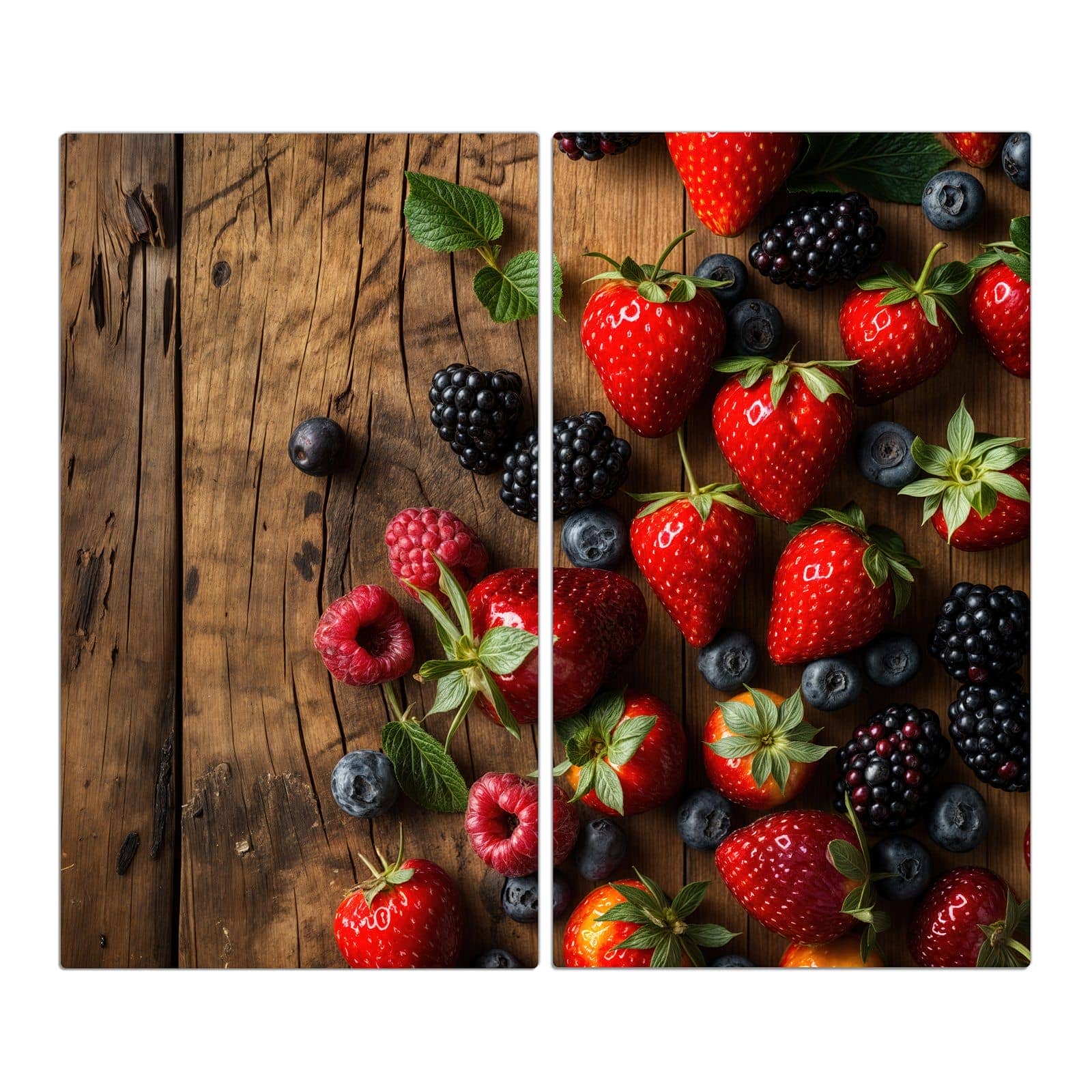 2-teilige Herdabdeckplatte für Ceranfeld mit Frische Beeren Exquisit-Motiv in der Frontansicht #grösse_2-Teilig (60x52cm)
