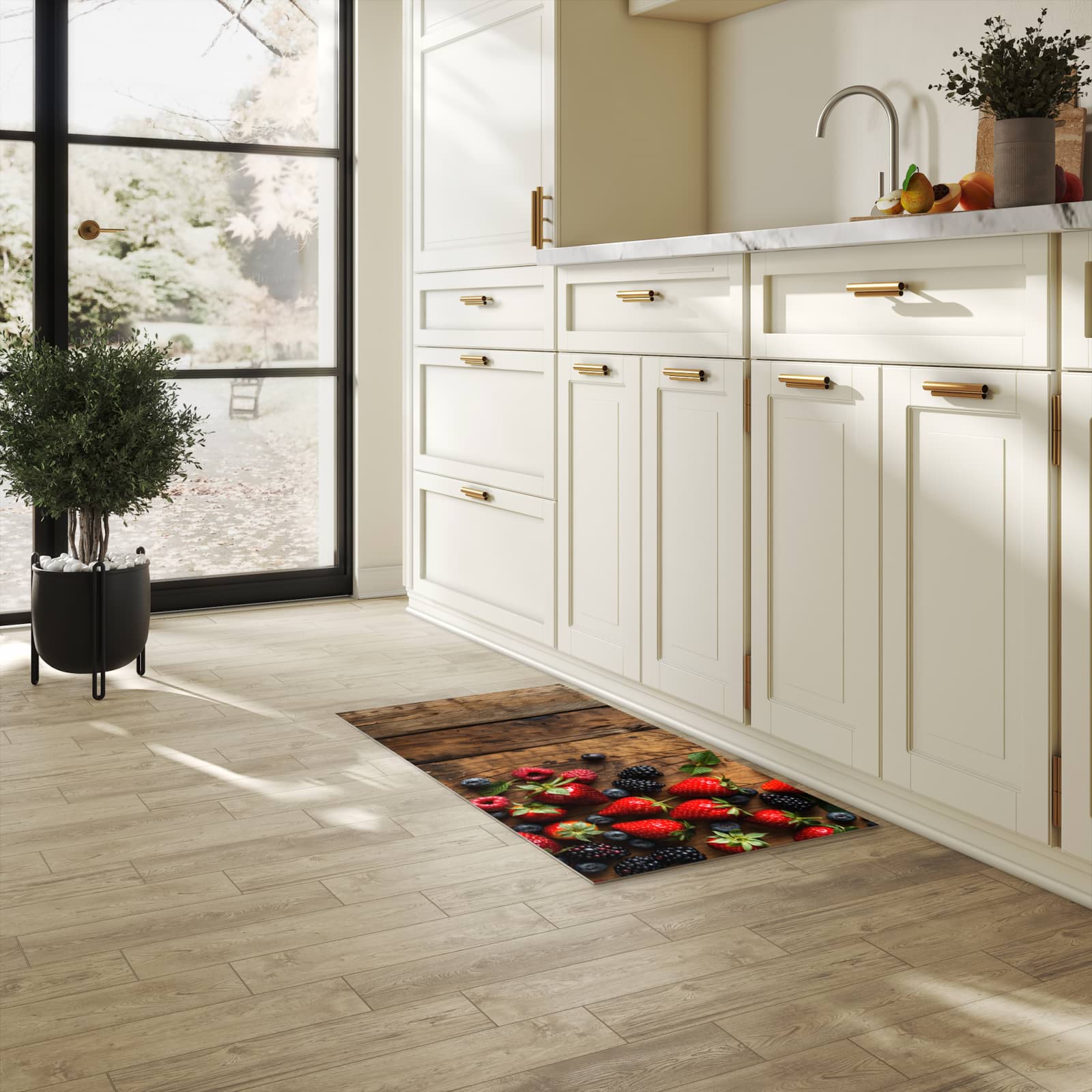 Rutschfester Küchenteppich mit Motiv Frische Beeren Exquisit in heller Küche