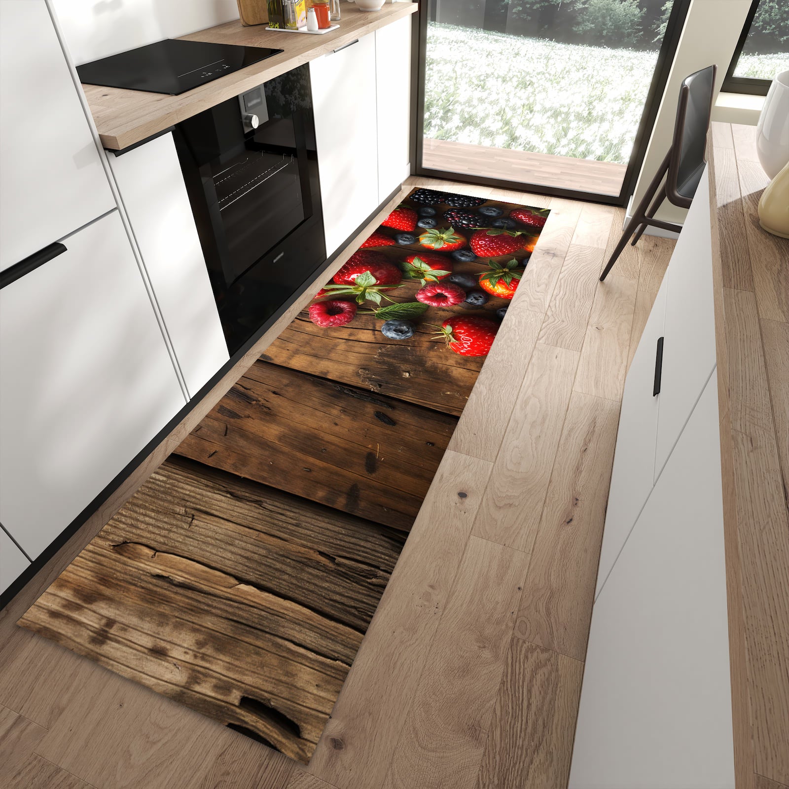 Zeitsparender rutschfester Küchenläufer mit Motiv Frische Beeren Exquisit in moderner Küche