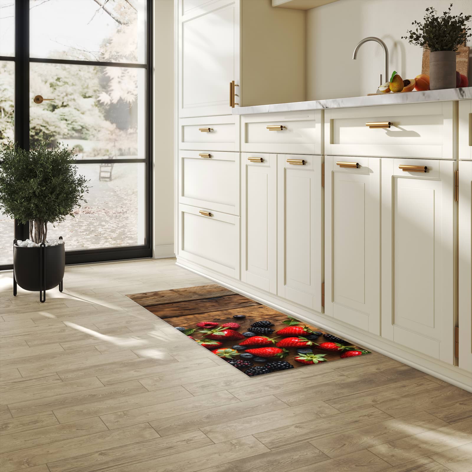Feuchtigkeitsresistenter Teppich für Küche mit Motiv Frische Beeren Exquisit in heller Küche