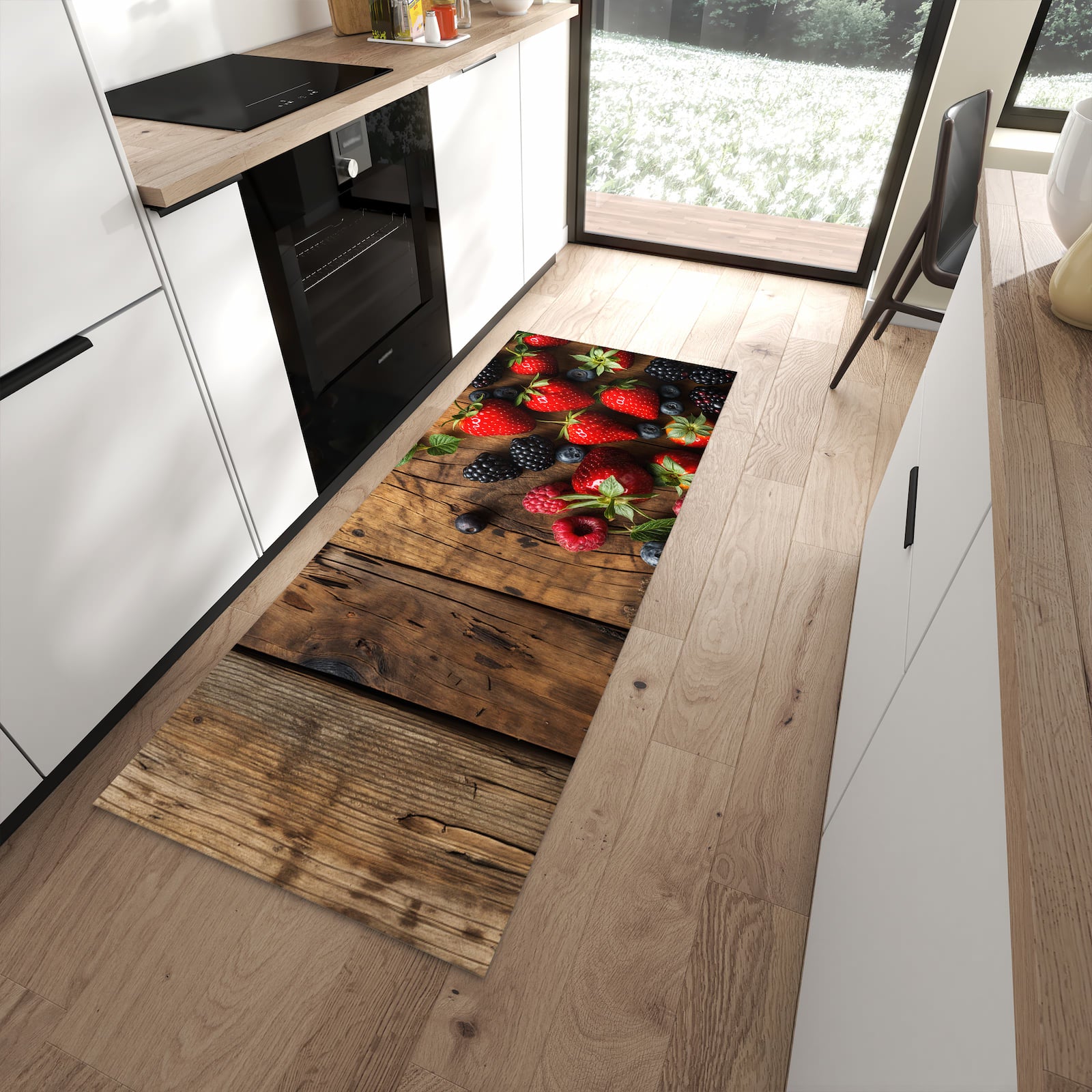 Formstabiler rutschfester Küchenläufer mit Motiv Frische Beeren Exquisit in moderner Küche