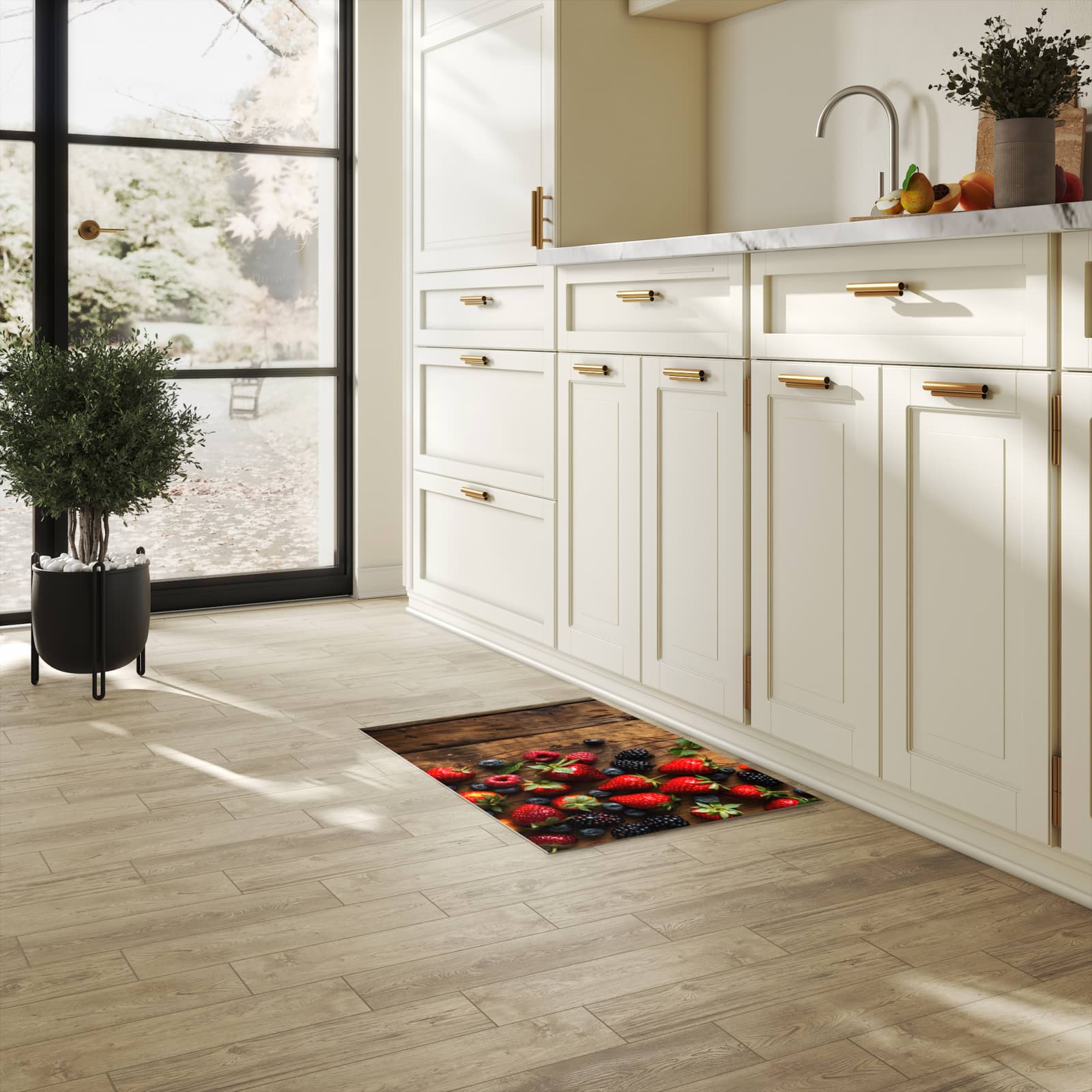 Formstabiler Küchenteppich mit Motiv Frische Beeren Exquisit in heller Küche