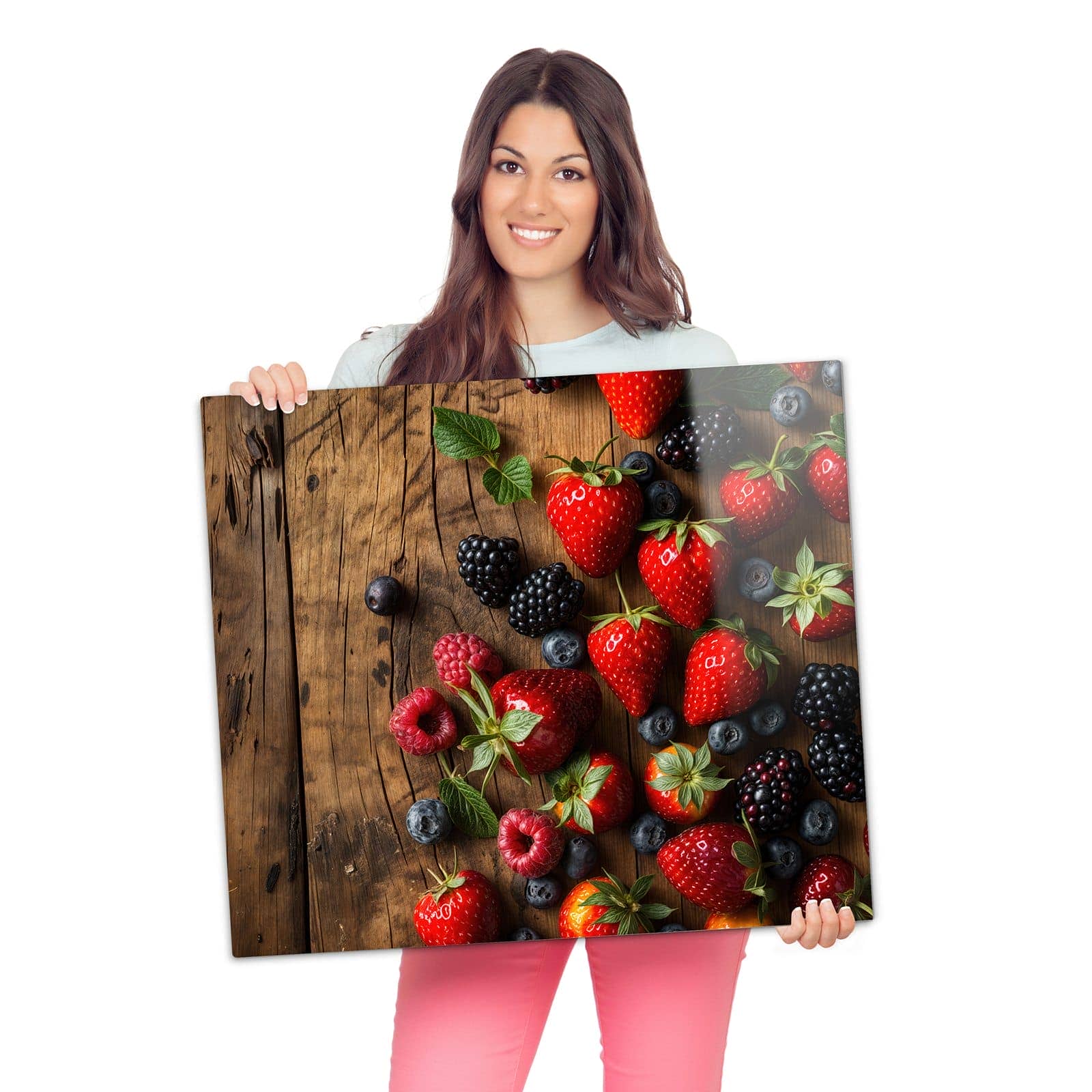 Ceranfeld Abdeckplatten mit Frische Beeren Exquisit-Motiv werden zur Größendarstellung gehalten