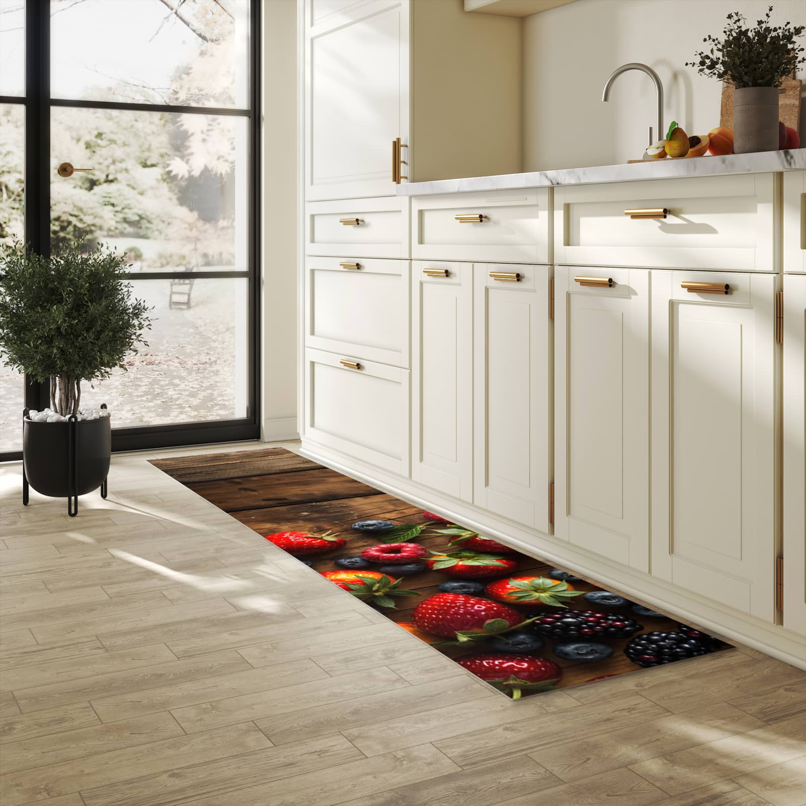 Bodenschonender Küchenteppich mit Motiv Frische Beeren Exquisit in heller Küche