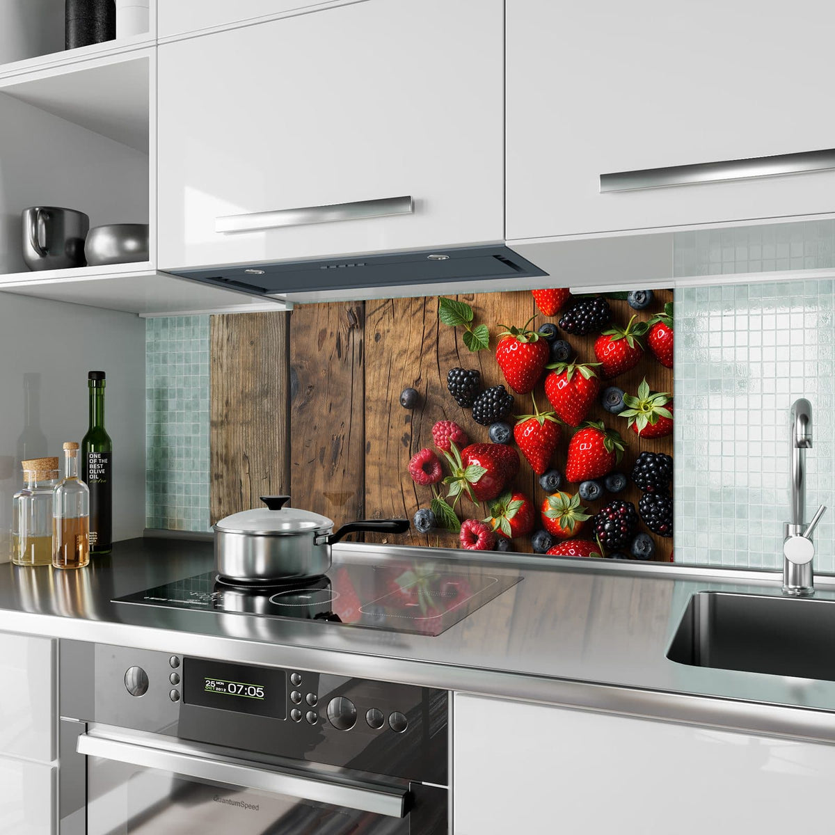 Küchenrückwand aus Glas Beerenmix auf Holz im Hochformat als Spritzschutz hinter dem Kochfeld, über dem Fliesenspiegel montiert