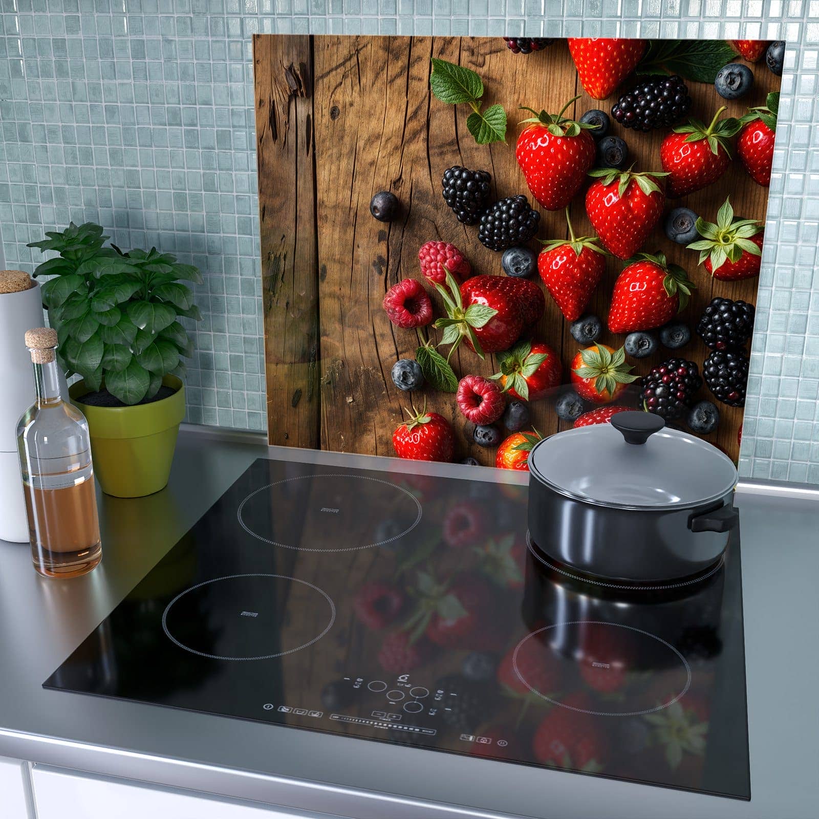 1-teilige Herdabdeckplatte aus Glas mit Frische Beeren Exquisit-Motiv als Spritzschutz hinter dem Kochfeld