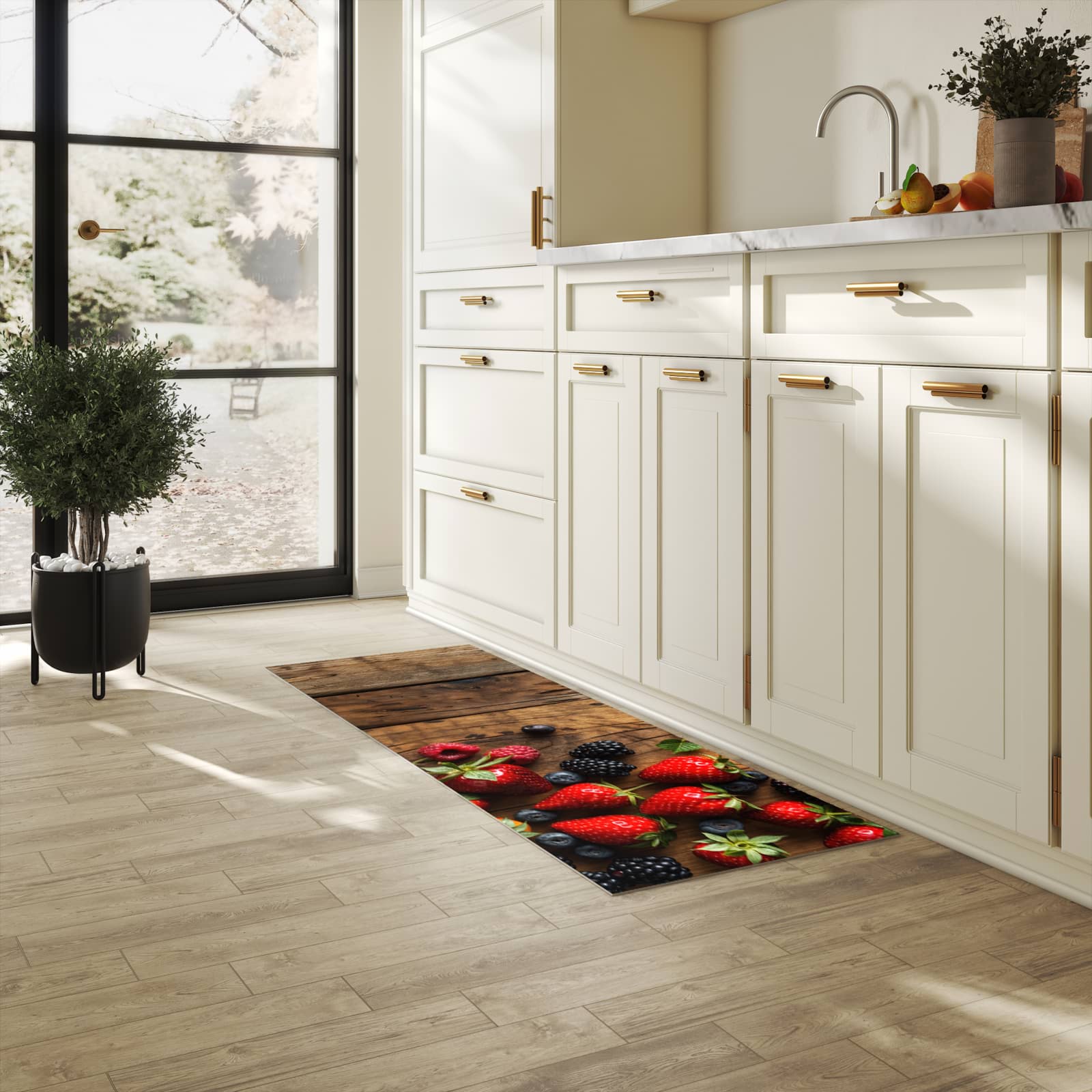 Bodenschonender Küchenteppich mit Motiv Frische Beeren Exquisit in heller Küche