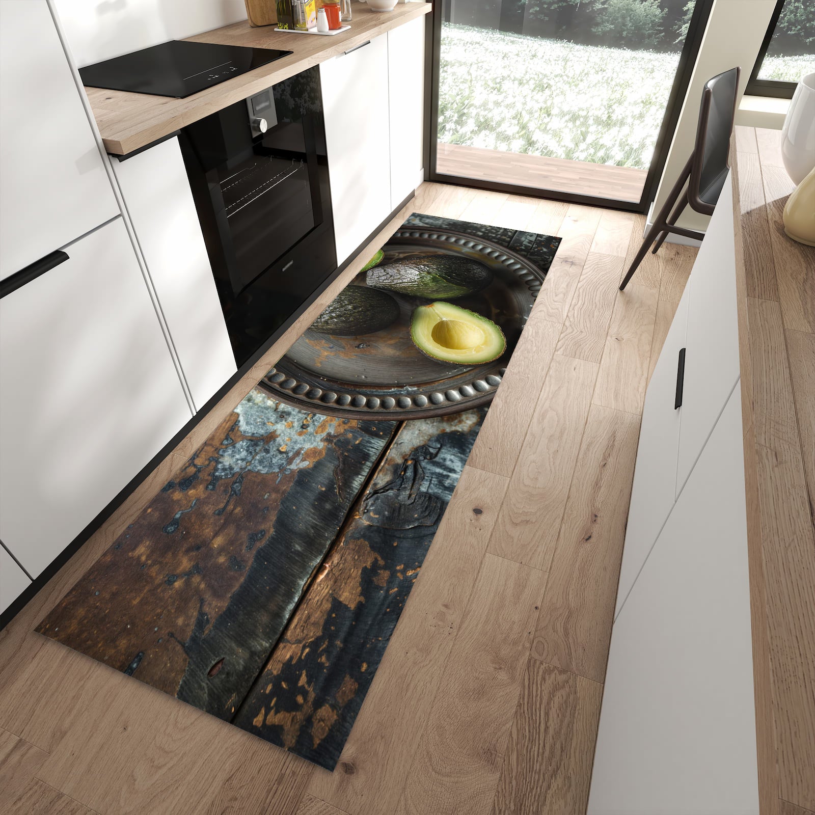Waschbarer Küchenteppich mit Motiv Avocados Holzteller in moderner Küche