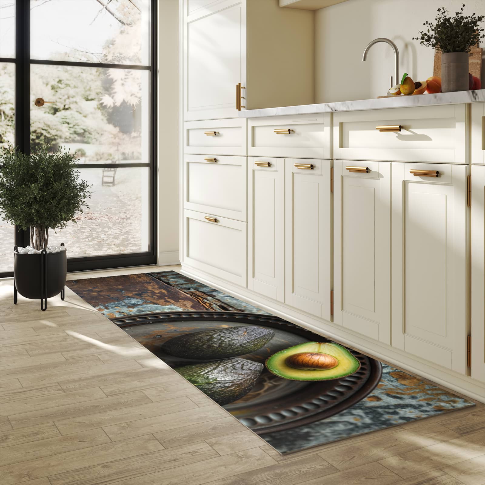 Hygienischer moderner Küchenläufer mit Motiv Avocados Holzteller in heller Küche