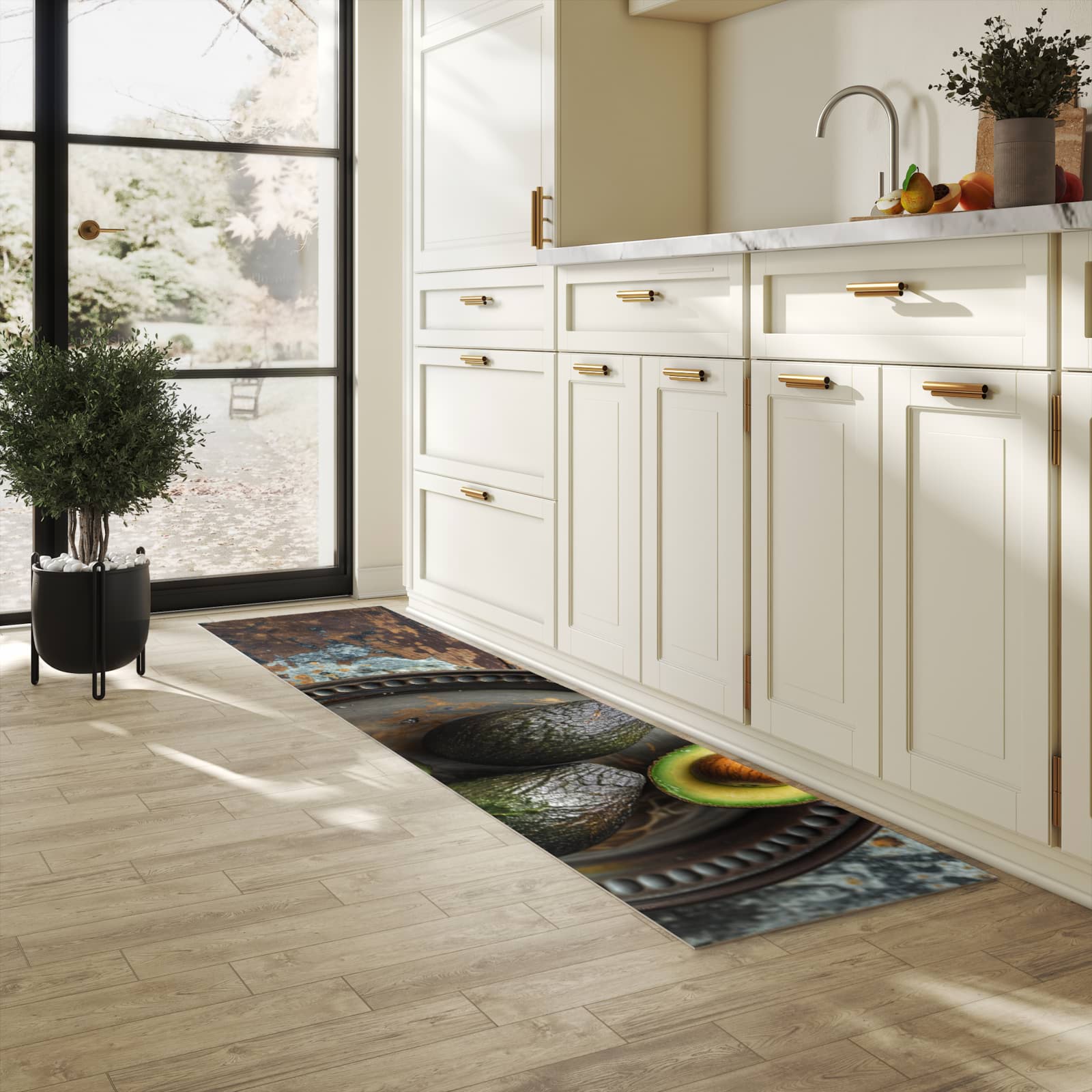 Pflegeleichter waschbarer Küchenläufer mit Motiv Avocados Holzteller in heller Küche