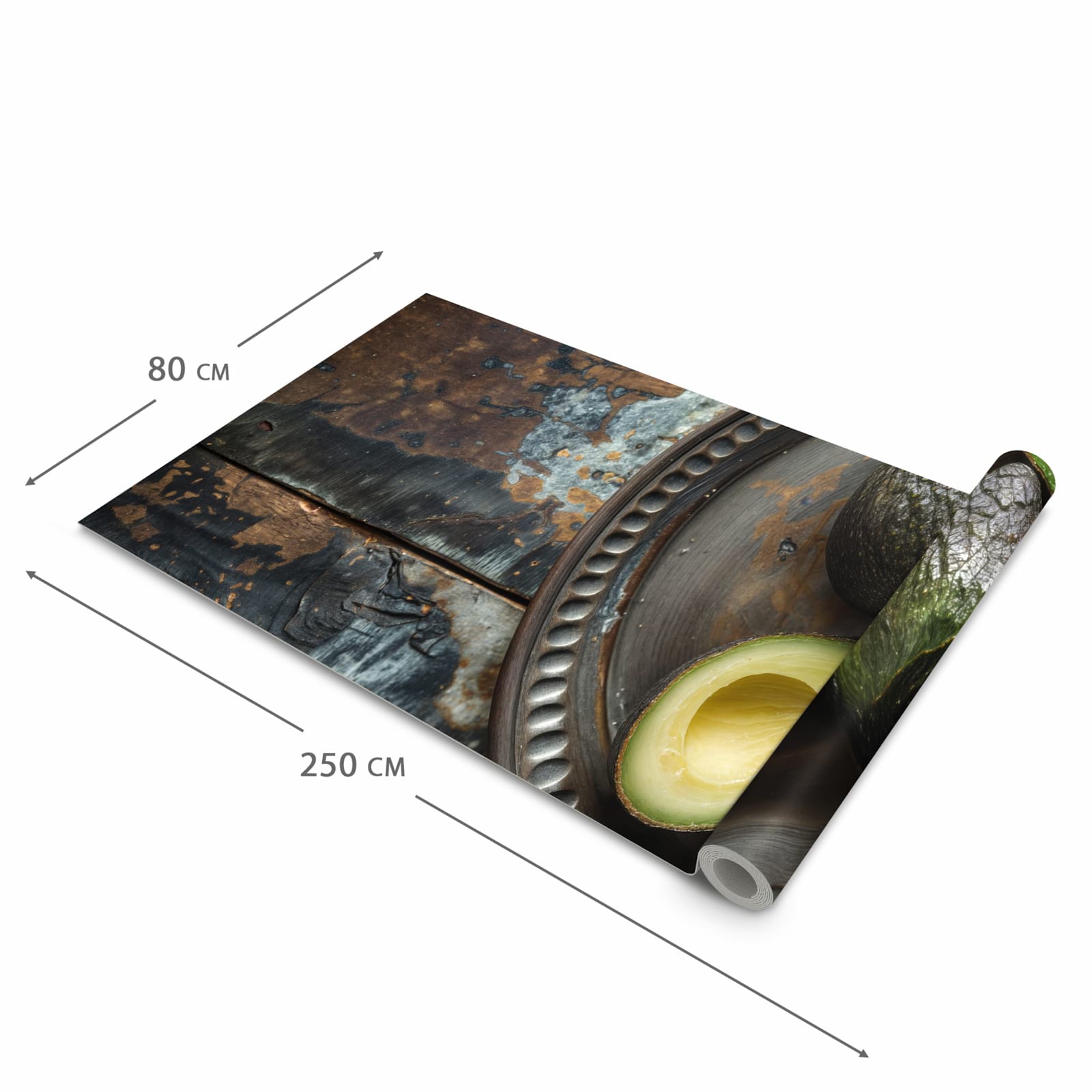 Rutschhemmender Küchenläufer mit Motiv Avocados Holzteller in der Größe 60x150 cm