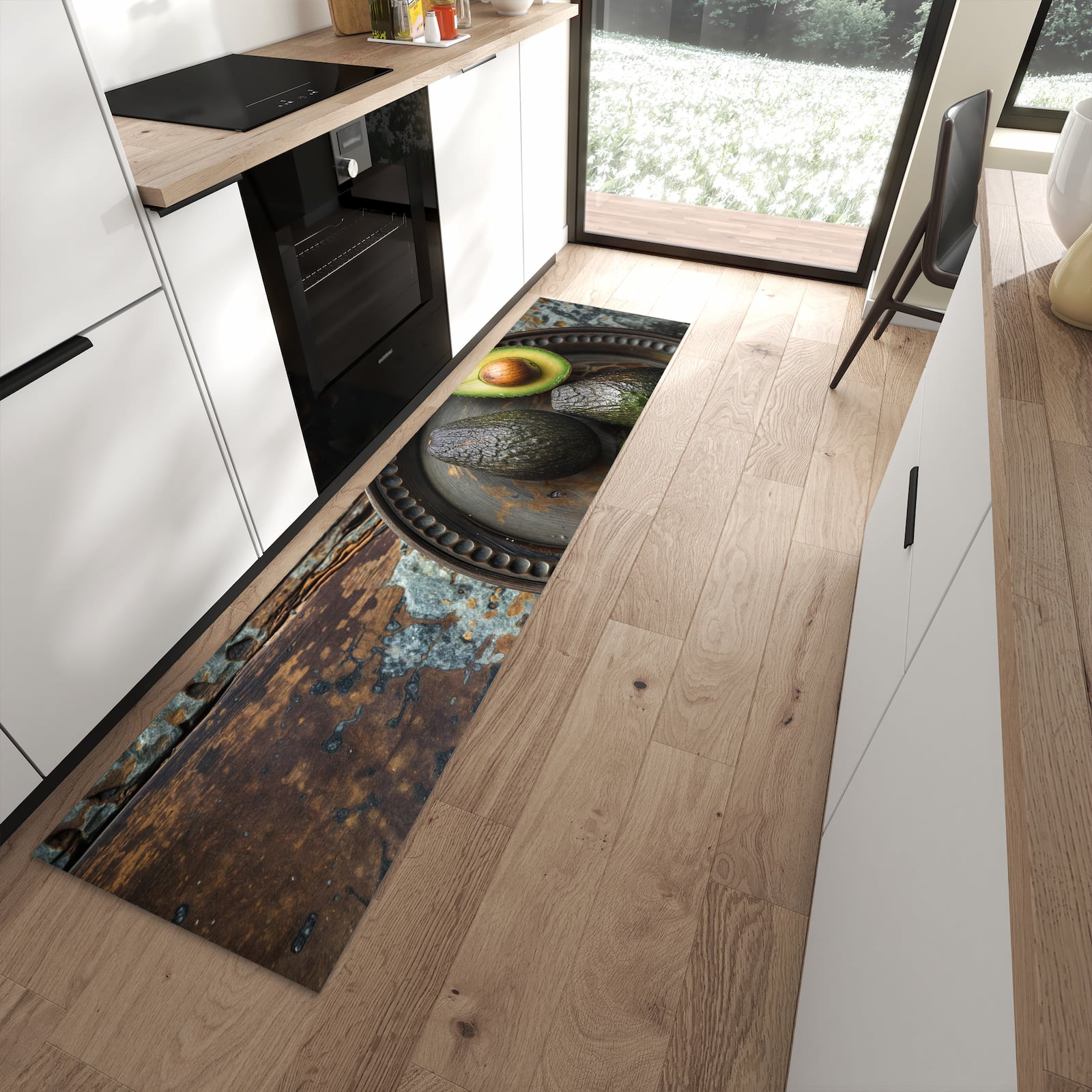 Schmutzabweisender Küchenteppich mit Motiv Avocados Holzteller in moderner Küche