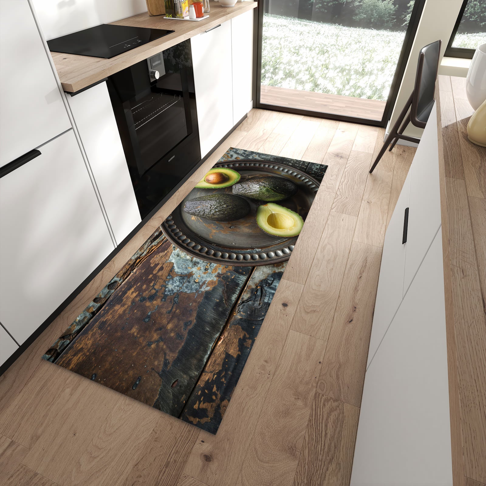 Rutschfester Küchenteppich mit Motiv Avocados Holzteller in moderner Küche