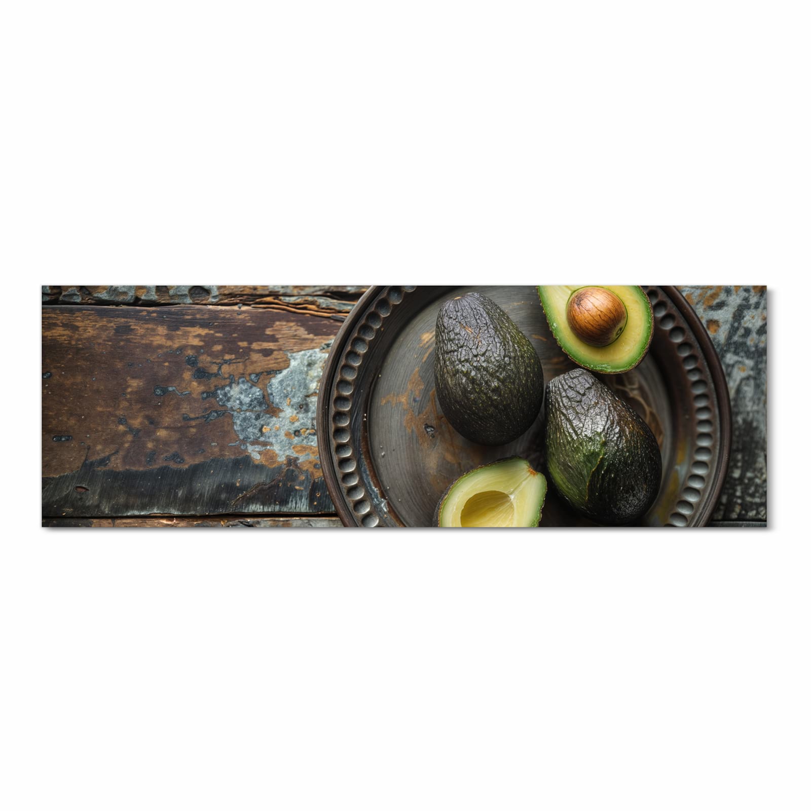 Feuchtigkeitsresistenter moderner Küchenläufer mit Motiv Avocados Holzteller in Frontansicht