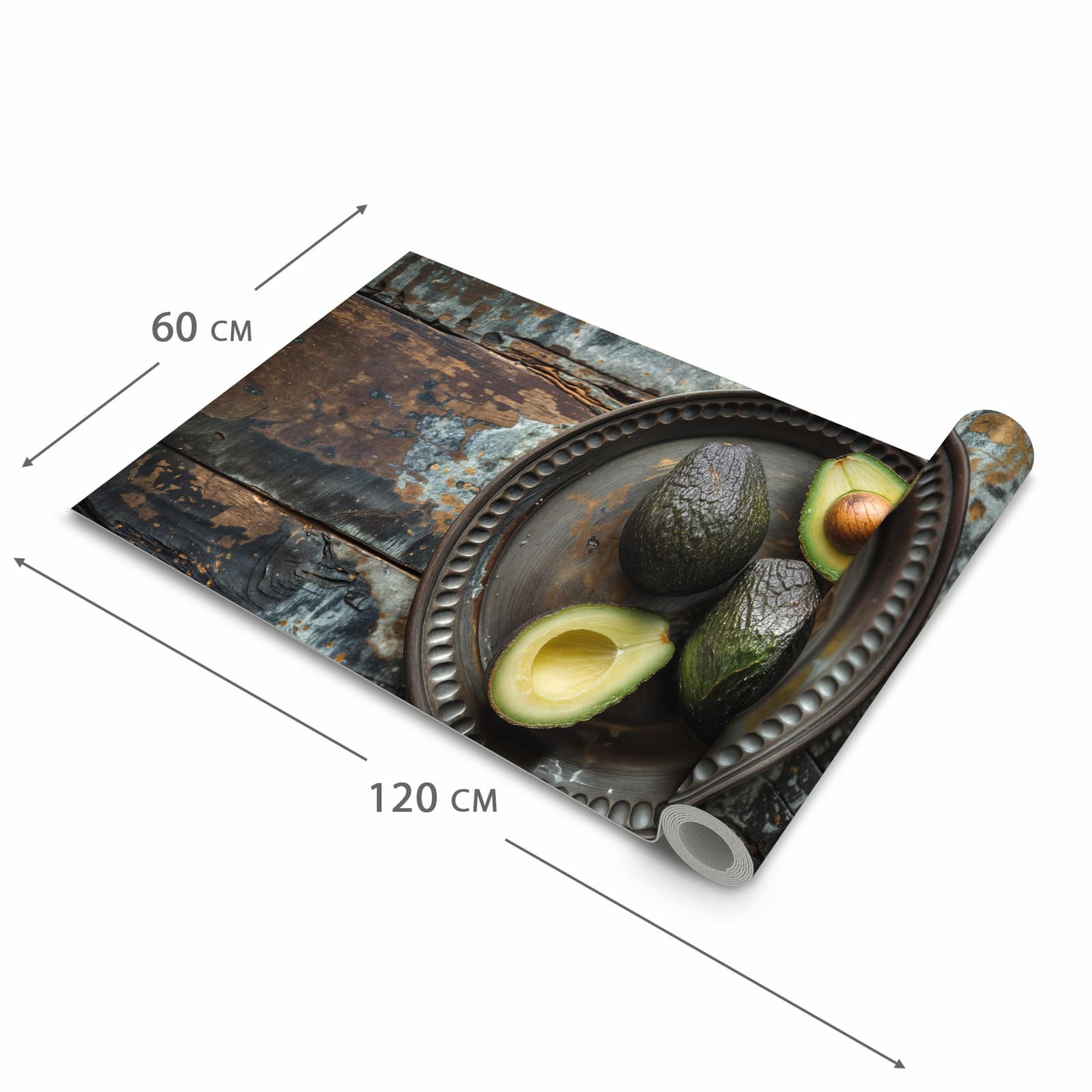 Wasserabweisender Küchenteppich mit Motiv Avocados Holzteller in der Grösse 60x120 cm