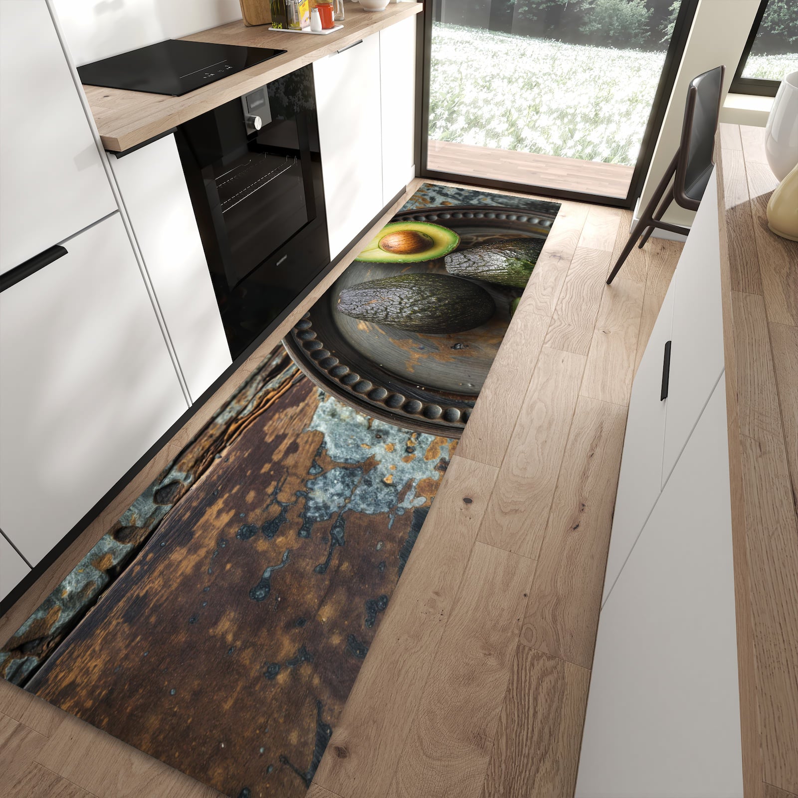 Hygienischer rutschfester Küchenteppich mit Motiv Avocados Holzteller in moderner Küche