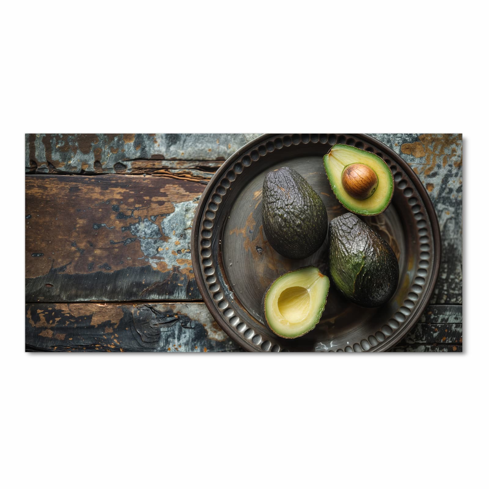 Langlebiger waschbarer Küchenläufer mit Motiv Avocados Holzteller in Frontansicht