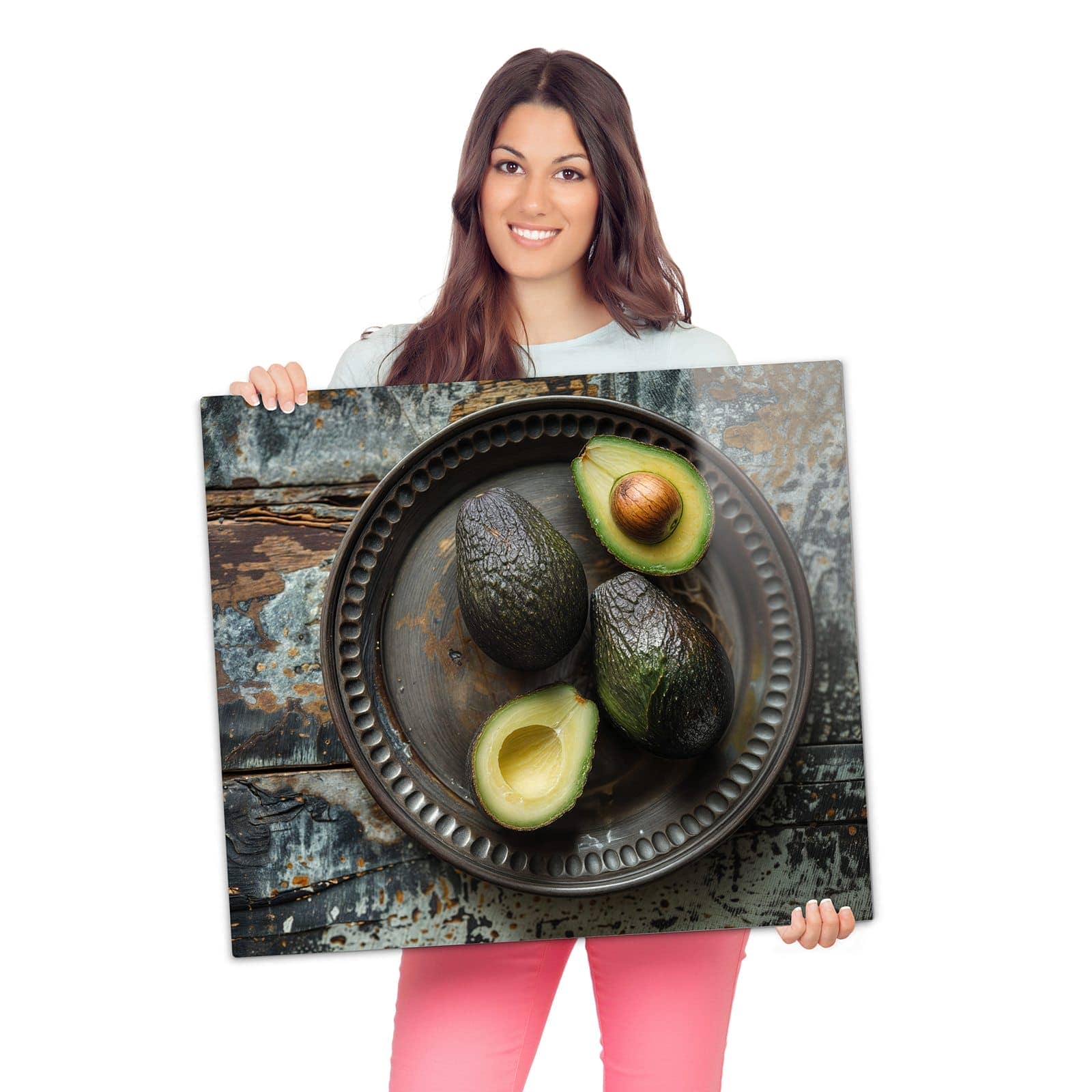 Ceranfeld-Abdeckplatten mit Avocados Holzteller-Motiv werden zur Größendarstellung gehalten