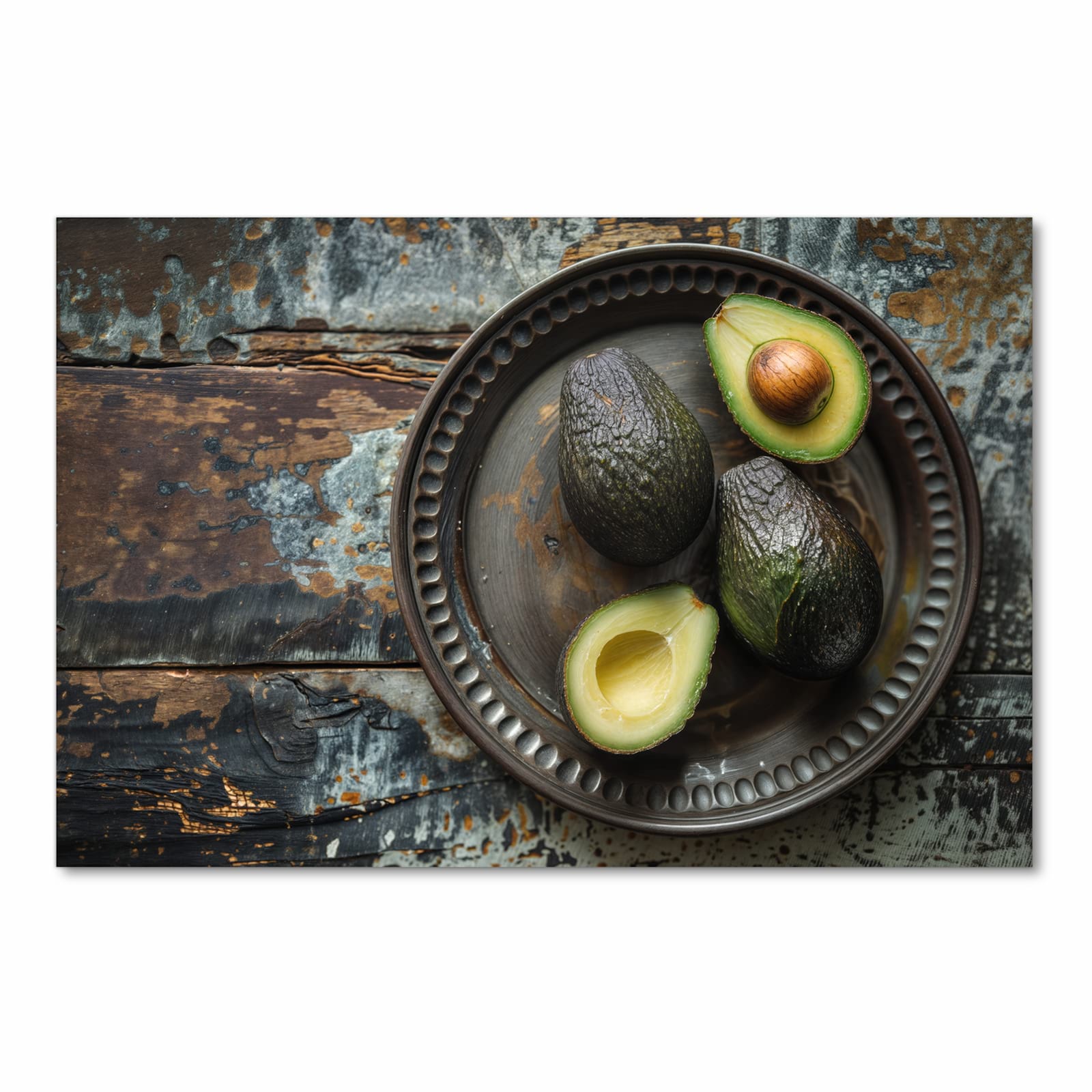 Farbbeständiger abwaschbarer Küchenläufer mit Motiv Avocados Holzteller in Frontansicht