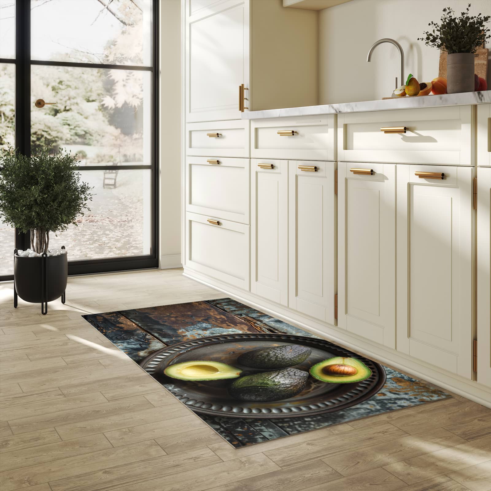 Abwaschbarer Küchenteppich mit Motiv Avocados Holzteller in heller Küche