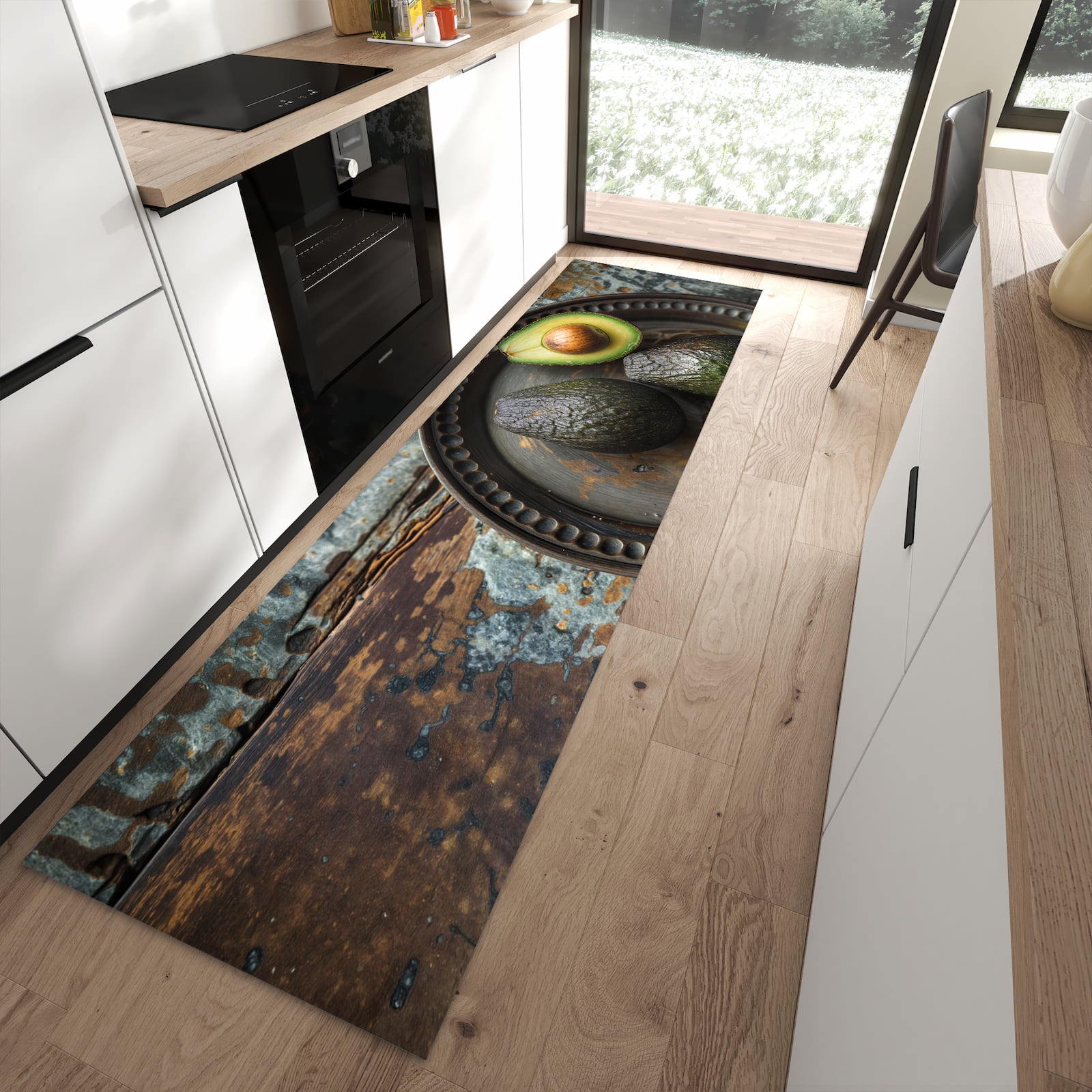 Komfortabler Küchenteppich mit Motiv Avocados Holzteller in moderner Küche